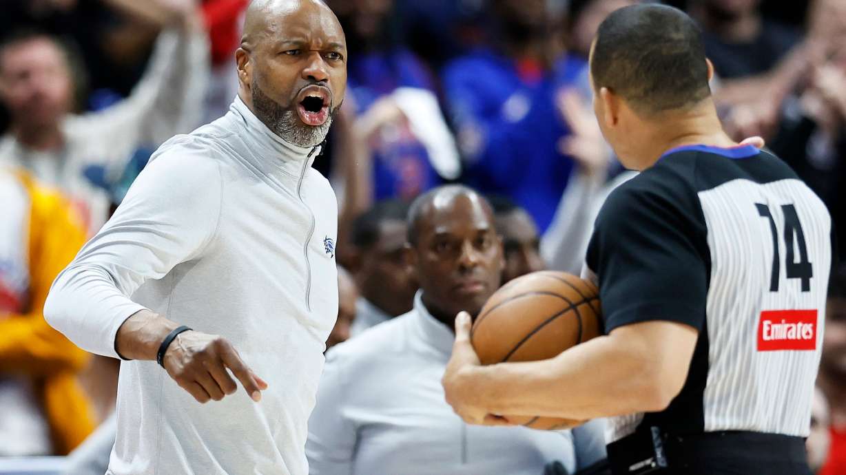 Orlando Magic head coach Jamahl Mosley shouts at referee Curtis Blair (74) during the second half in Game 5 of a first-round NBA basketball playoffs series against the Detroit Pistons Wednesday, April 29, 2026, in Detroit.
