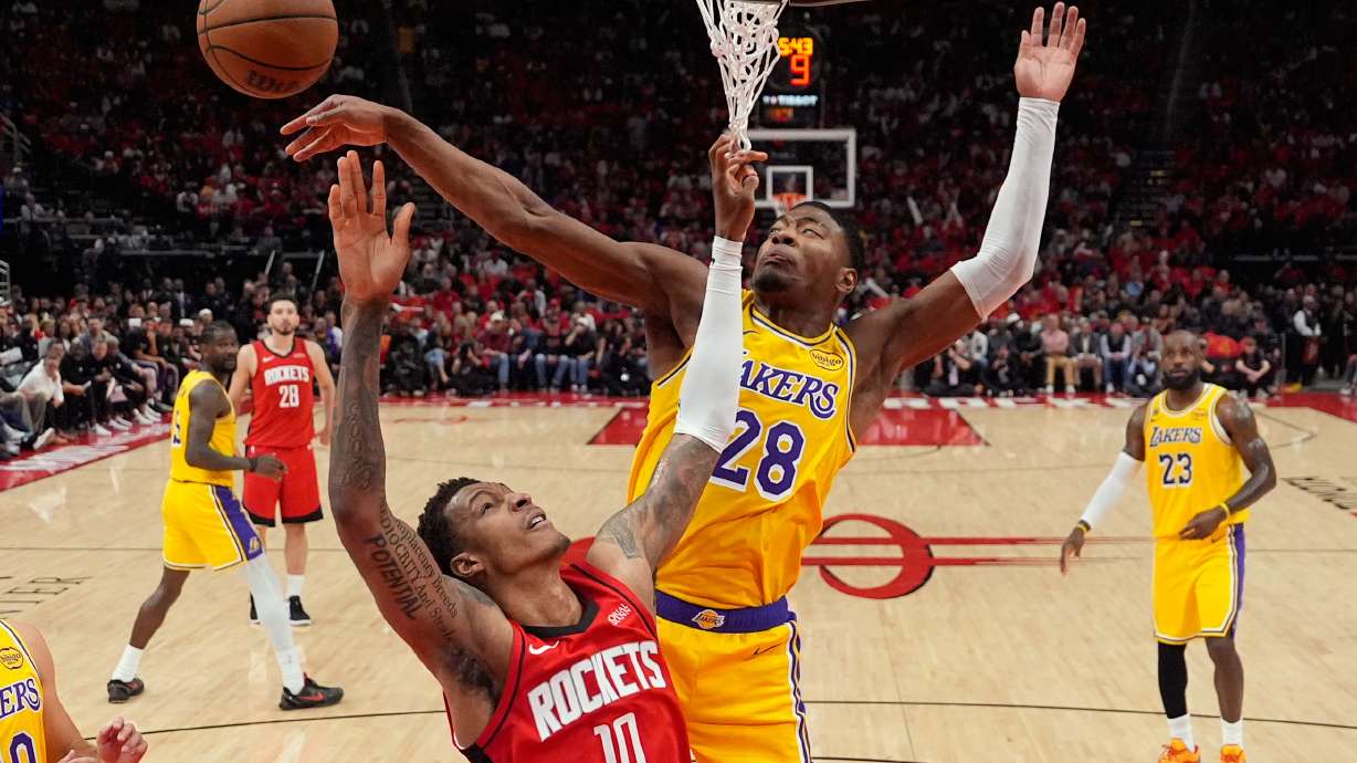 Los Angeles Lakers forward Rui Hachimura (28) blocks a shot by Houston Rockets forward Jabari Smith Jr. (10) during the first half of Game 6 of a first-round NBA playoffs basketball series in Houston, Friday, May 1, 2026.