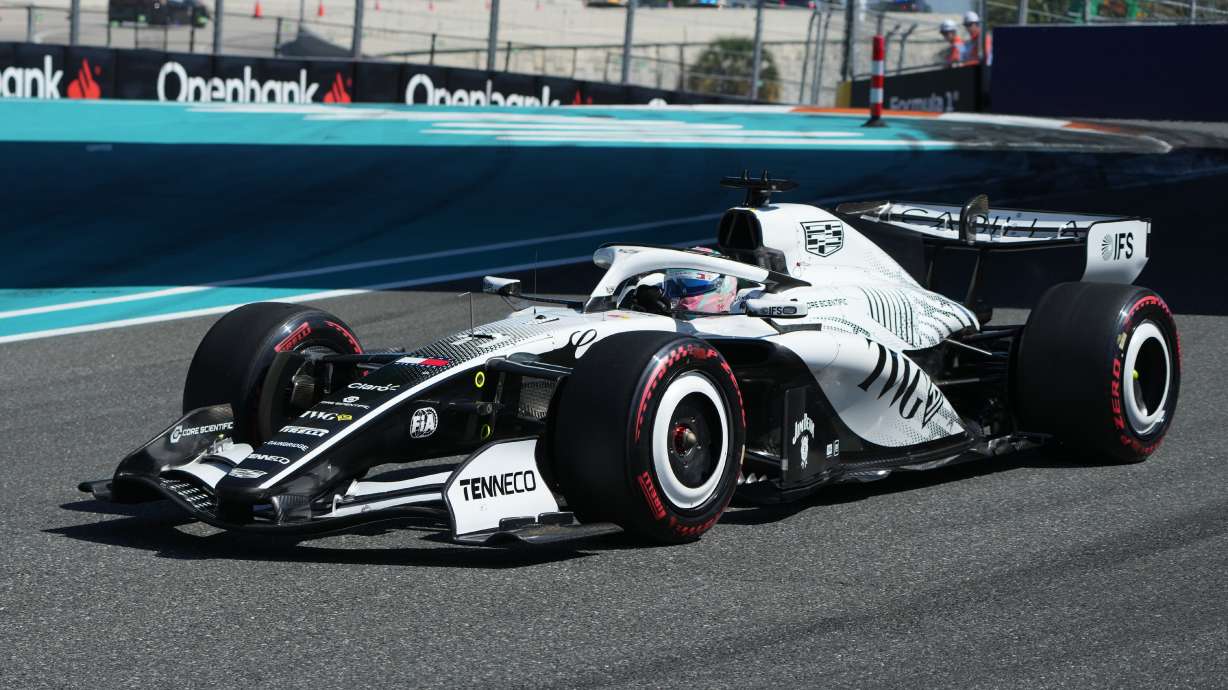 Cadillac driver Sergio Perez of Mexico steers his car during a qualifying session for the Miami Formula One Grand Prix auto race, Saturday, May 2, 2026, in Miami Gardens, Fla.