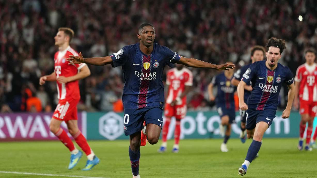 PSG's Ousmane Dembele celebrates after scoring his side's third goal during a Champions League semifinal, first leg, soccer match between Paris Saint-Germain and Bayern Munich in Paris, Tuesday, April 28, 2026.