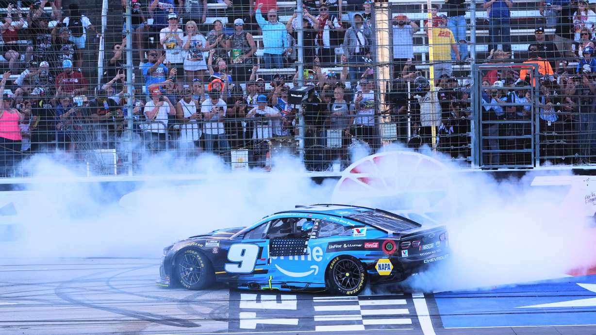 Chase Elliott does a burnout at the finish line after winning a NASCAR Cup Series auto race in Fort Worth, Texas, Sunday, May 3, 2026.