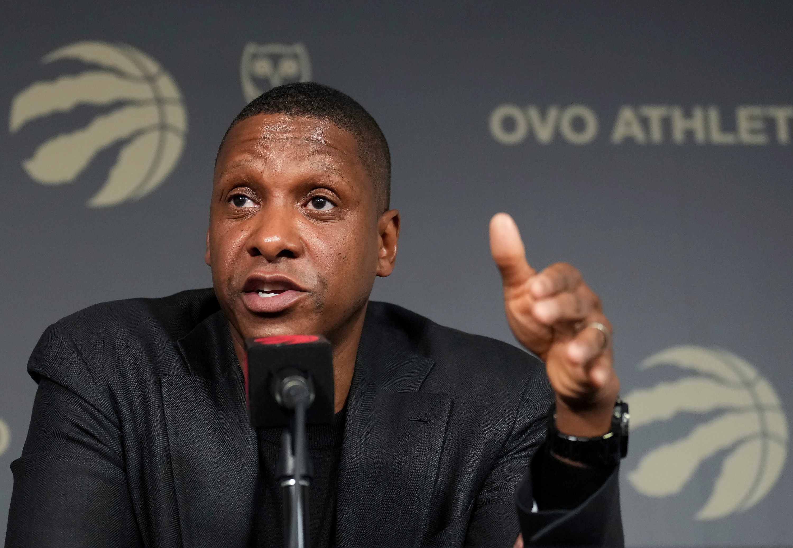FILE - Toronto Raptors NBA basketball team President Masai Ujiri speaks to the media regarding the recent trades in Toronto, Jan. 18, 2024. 