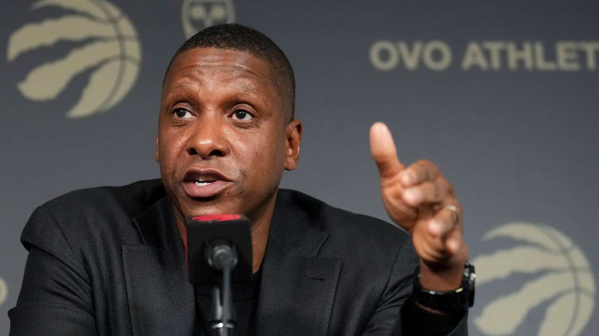 FILE - Toronto Raptors NBA basketball team President Masai Ujiri speaks to the media regarding the recent trades in Toronto, Jan. 18, 2024.