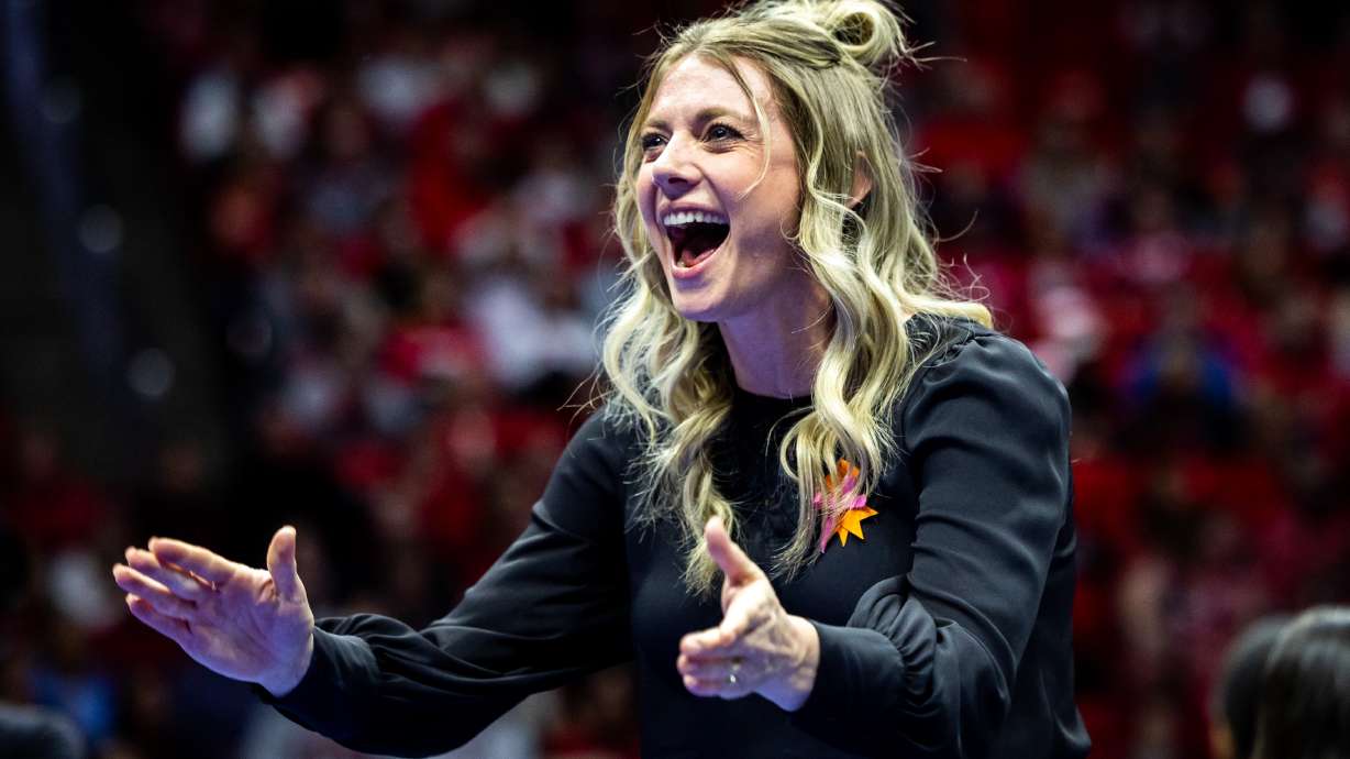 BYU women’s gymnastics associate head coach Natalie Broekman cheers for her team as BYU competes in the NCAA regional semifinals for gymnastics at the Jon M. Huntsman Center in Salt Lake City on Thursday, April 3, 2025.