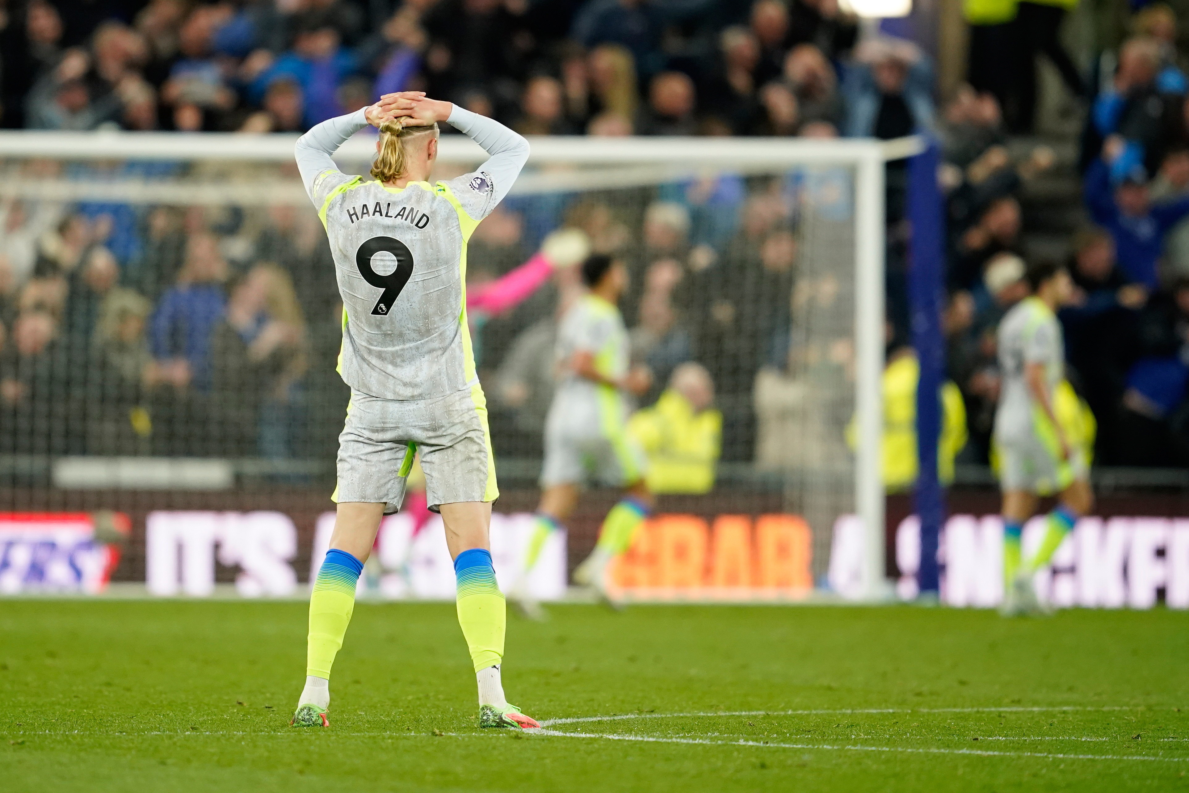 Manchester City's Erling Haaland reacts after Everton scored during the Premier League soccer match between Manchester City and Everton in Liverpool, England, Monday, May 4, 2026.
