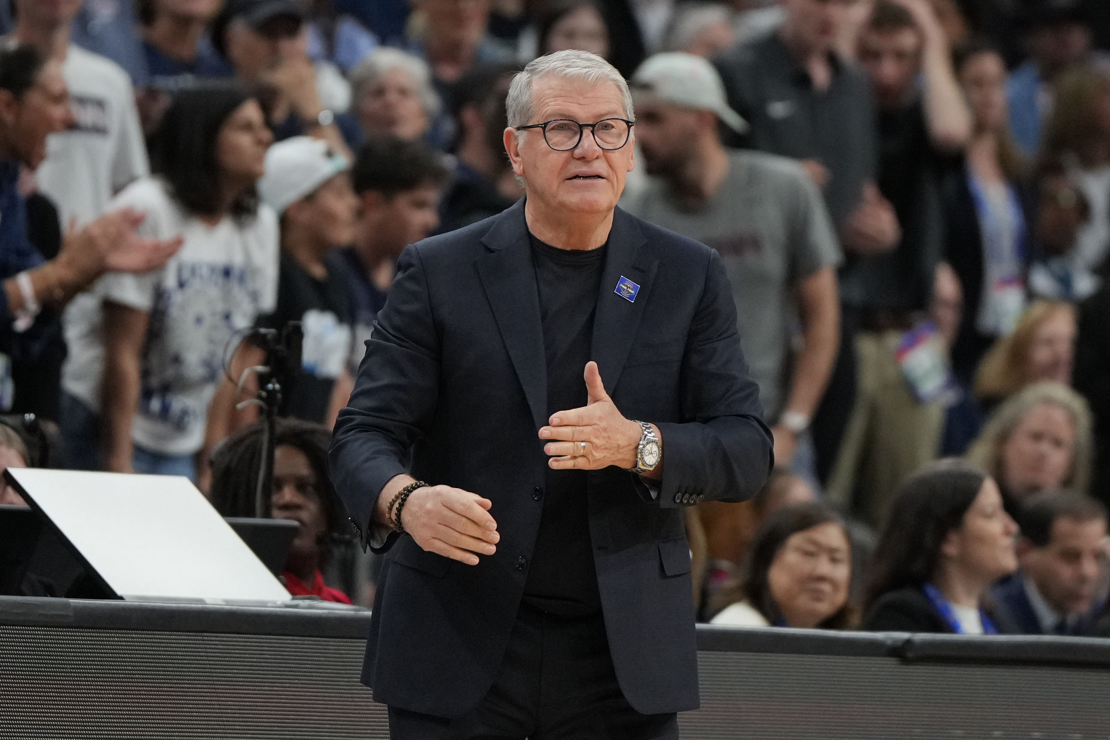 FILE - UConn head coach Geno Auriemma against South Carolina during the first half of a woman's NCAA college basketball tournament semifinal game at the Final Four, April 3, 2026, in Phoenix. 
