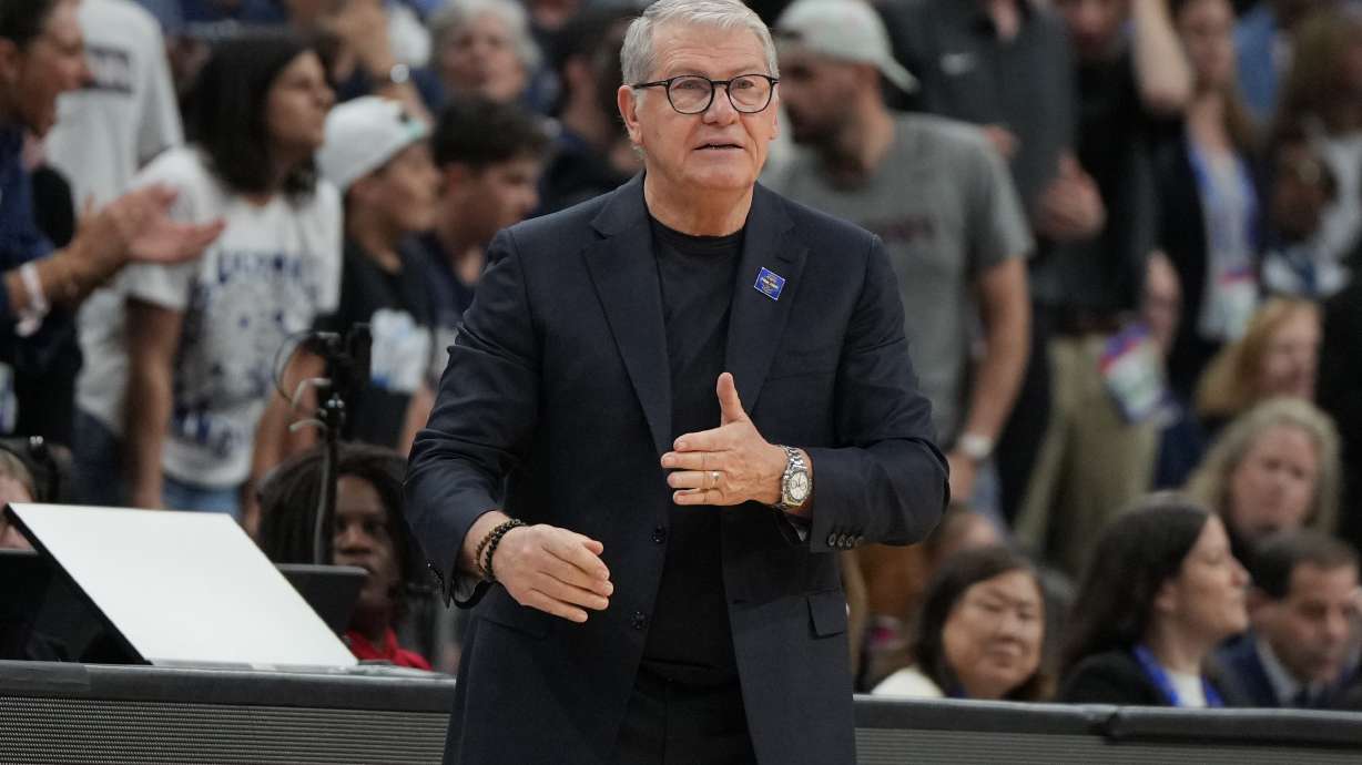 FILE - UConn head coach Geno Auriemma against South Carolina during the first half of a woman's NCAA college basketball tournament semifinal game at the Final Four, April 3, 2026, in Phoenix.