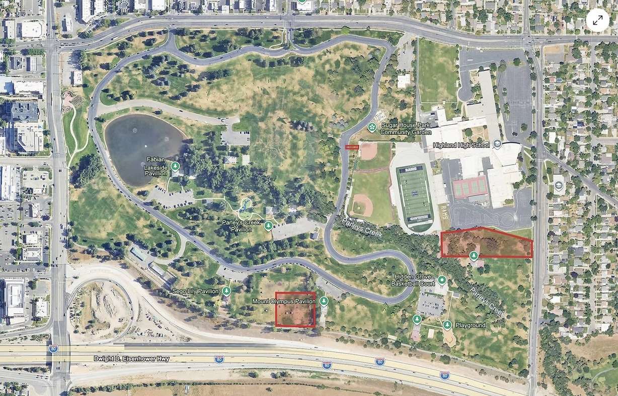 Three Highland High School construction-related projects are expected to impact Sugar House Park beginning as early as this month. The areas in red show where those locations are on within the park.