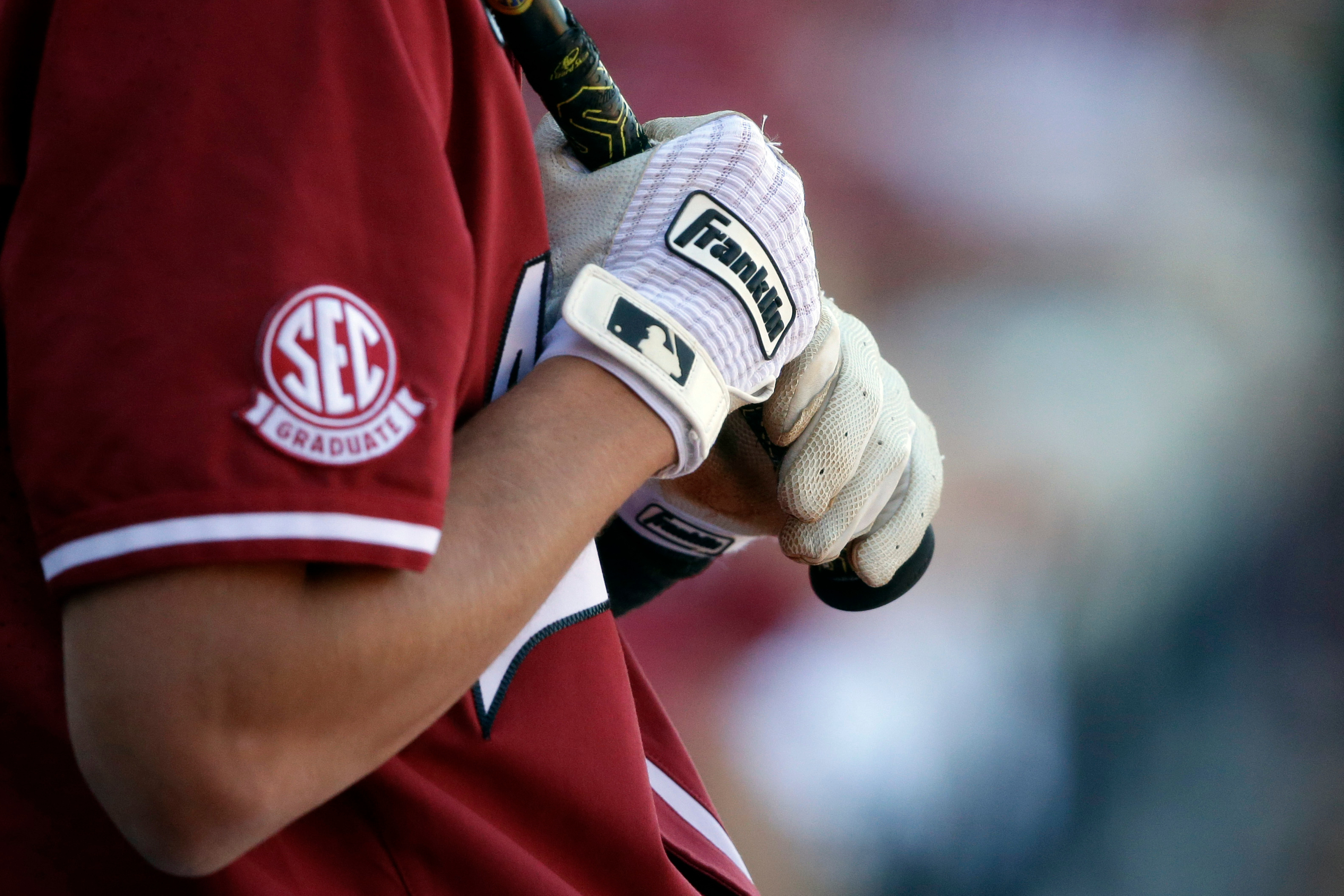 FILE - Arkansas' Jacob Nesbit (5) prepares to bat against Tennessee in the ninth inning of an NCAA college baseball championship game during the Southeastern Conference tournament Sunday, May 30, 2021, in Hoover, Ala. 