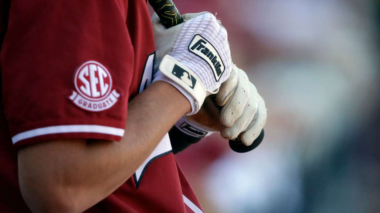 FILE - Arkansas' Jacob Nesbit (5) prepares to bat against Tennessee in the ninth inning of an NCAA college baseball championship game during the Southeastern Conference tournament Sunday, May 30, 2021, in Hoover, Ala.