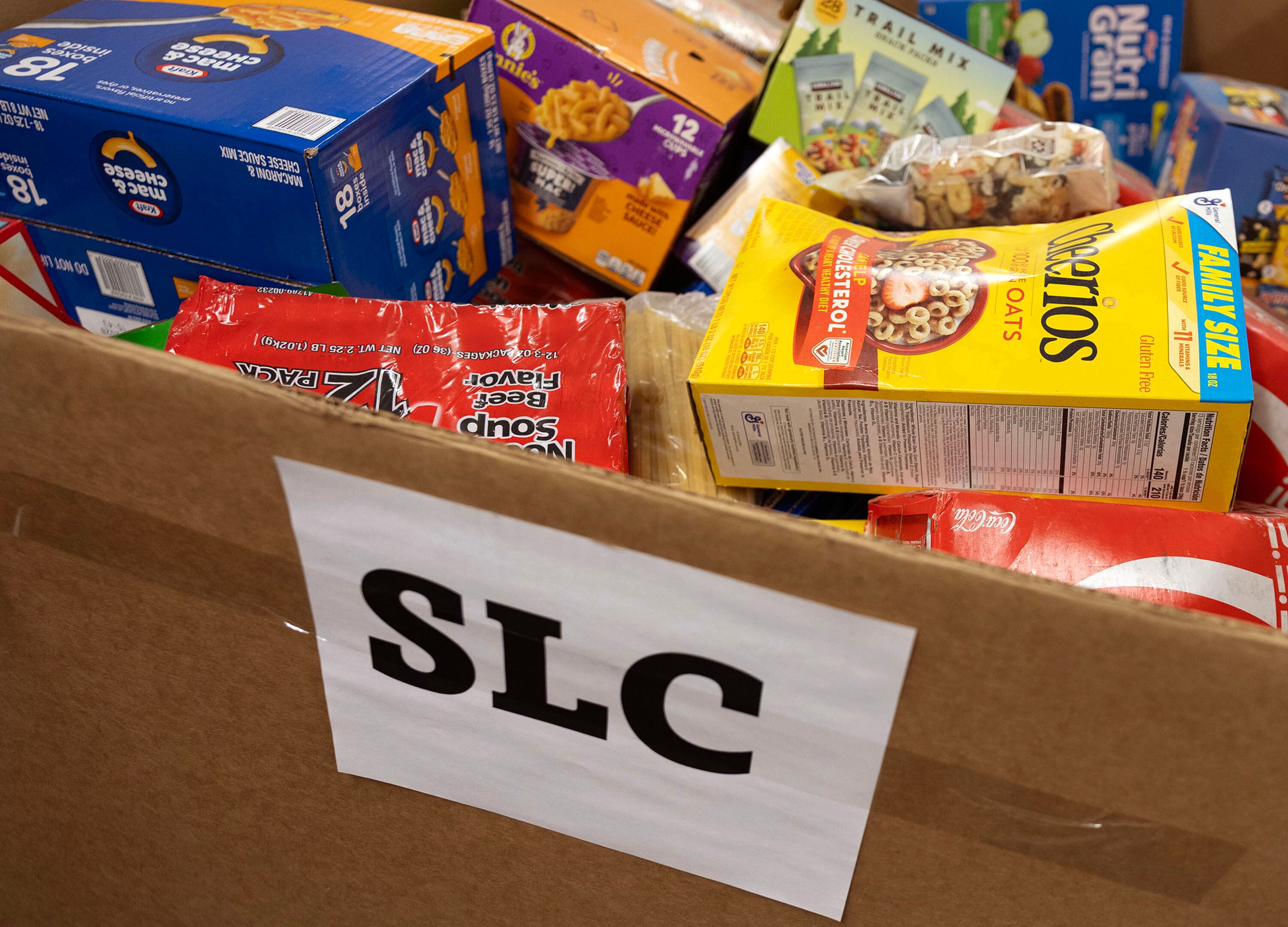 A box of donations is pictured at the Utah Food Bank in Salt Lake City on Wednesday.