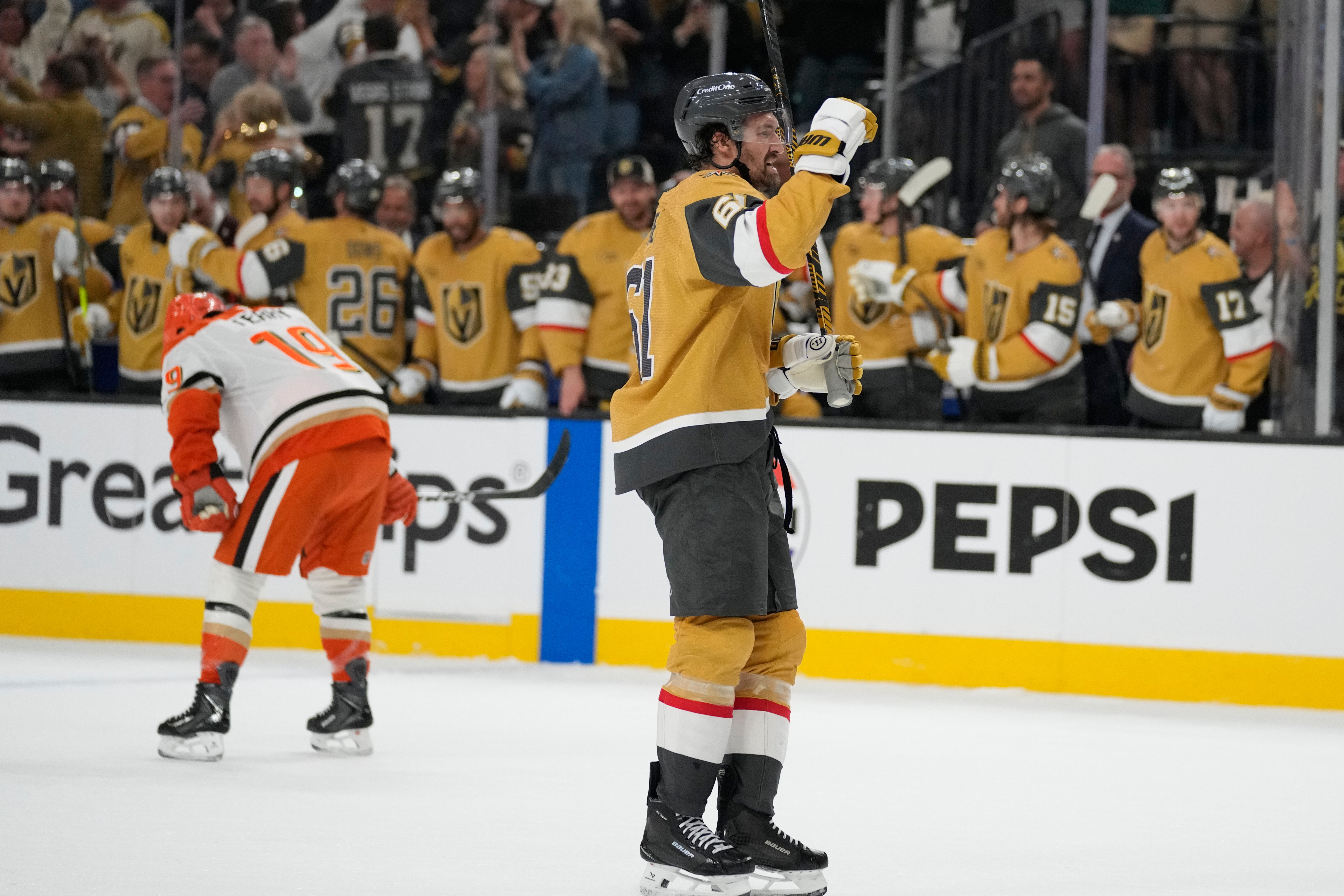 Vegas Golden Knights right wing Mark Stone (61) celebrates after a goal by Vegas Golden Knights right wing Mitch Marner during the third period of Game 1 of a second-round NHL hockey Stanley Cup playoff series Monday, May 4, 2026, in Las Vegas. 