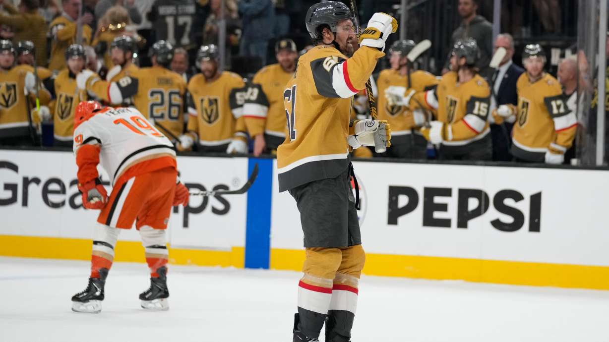 Vegas Golden Knights right wing Mark Stone (61) celebrates after a goal by Vegas Golden Knights right wing Mitch Marner during the third period of Game 1 of a second-round NHL hockey Stanley Cup playoff series Monday, May 4, 2026, in Las Vegas.