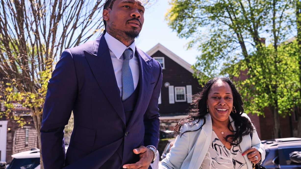 Former New England Patriots wide receiver Stefon Diggs returns to Norfolk County District Court, Monday, May 4, 2026, in Dedham, Mass.