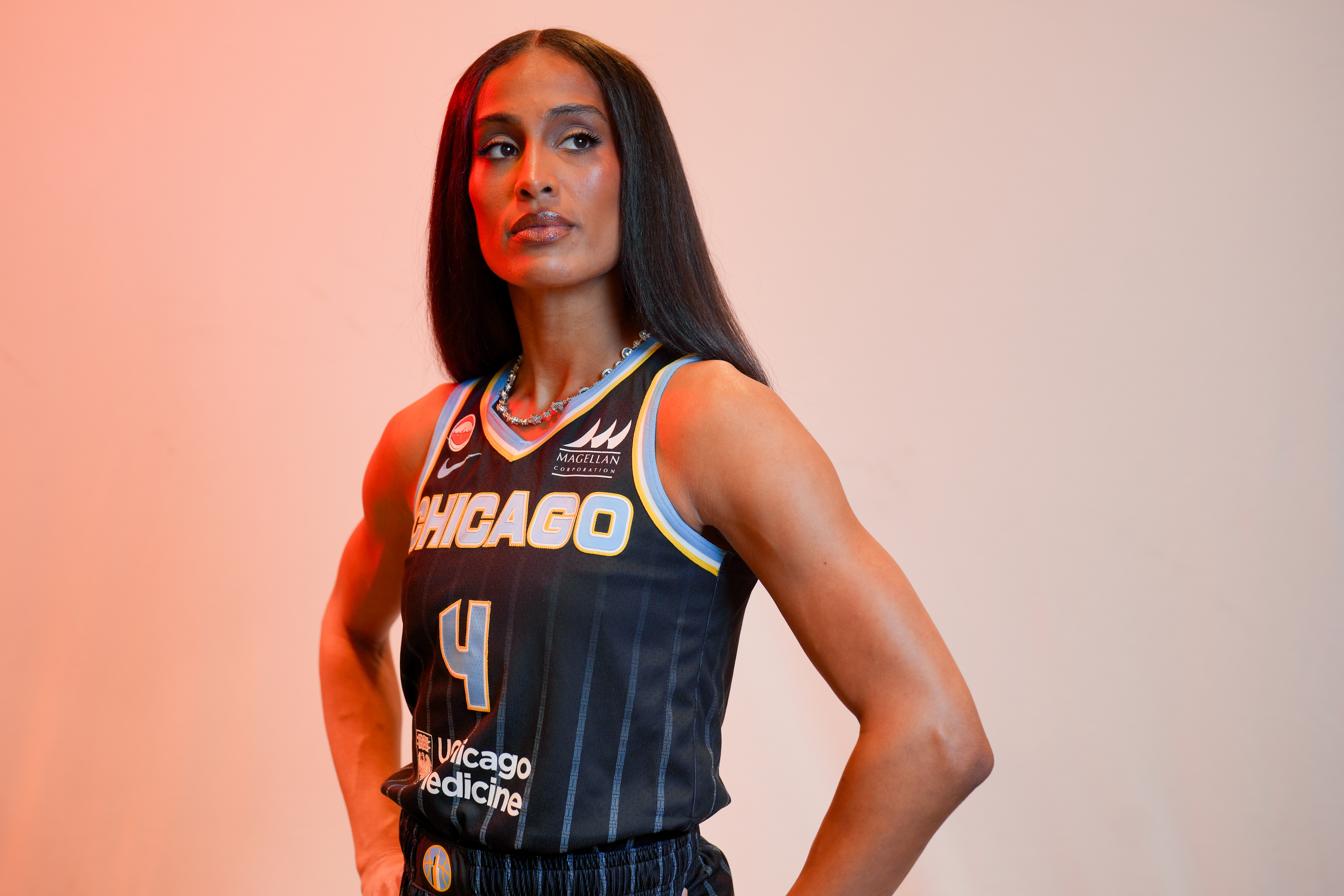 Chicago Sky's Skylar Diggins stands for a portrait during the WNBA basketball team's media day, Thursday, April 30, 2026, in Chicago.