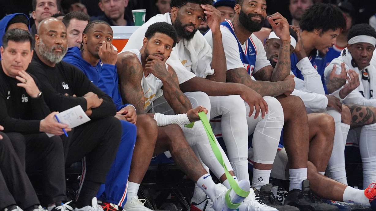 Most of the starting line-up for the Philadelphia 76ers watches from the bench during the second half of Game 1 in a second-round NBA basketball playoffs series against the New York Knicks Monday, May 4, 2026, in New York.