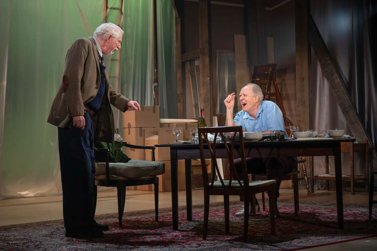 David Manis and John Lithgow appear during a performance of "Giant" in New York on March 10. The play was nominated for a Tony Award on Tuesday.