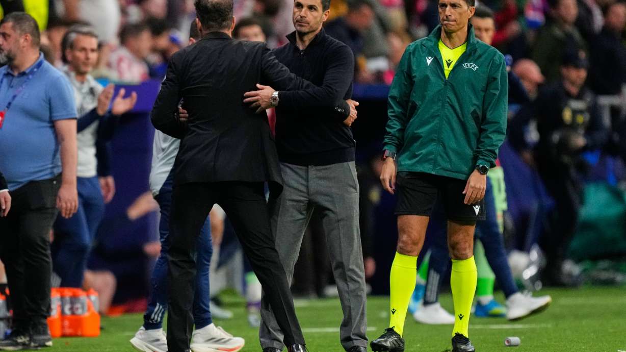 Atletico Madrid's head coach Diego Simeone, left, greets Arsenal's manager Mikel Arteta after a Champions League semifinal, first leg, soccer match between Atletico Madrid and Arsenal in Madrid, Spain, Wednesday, April 29, 2026.