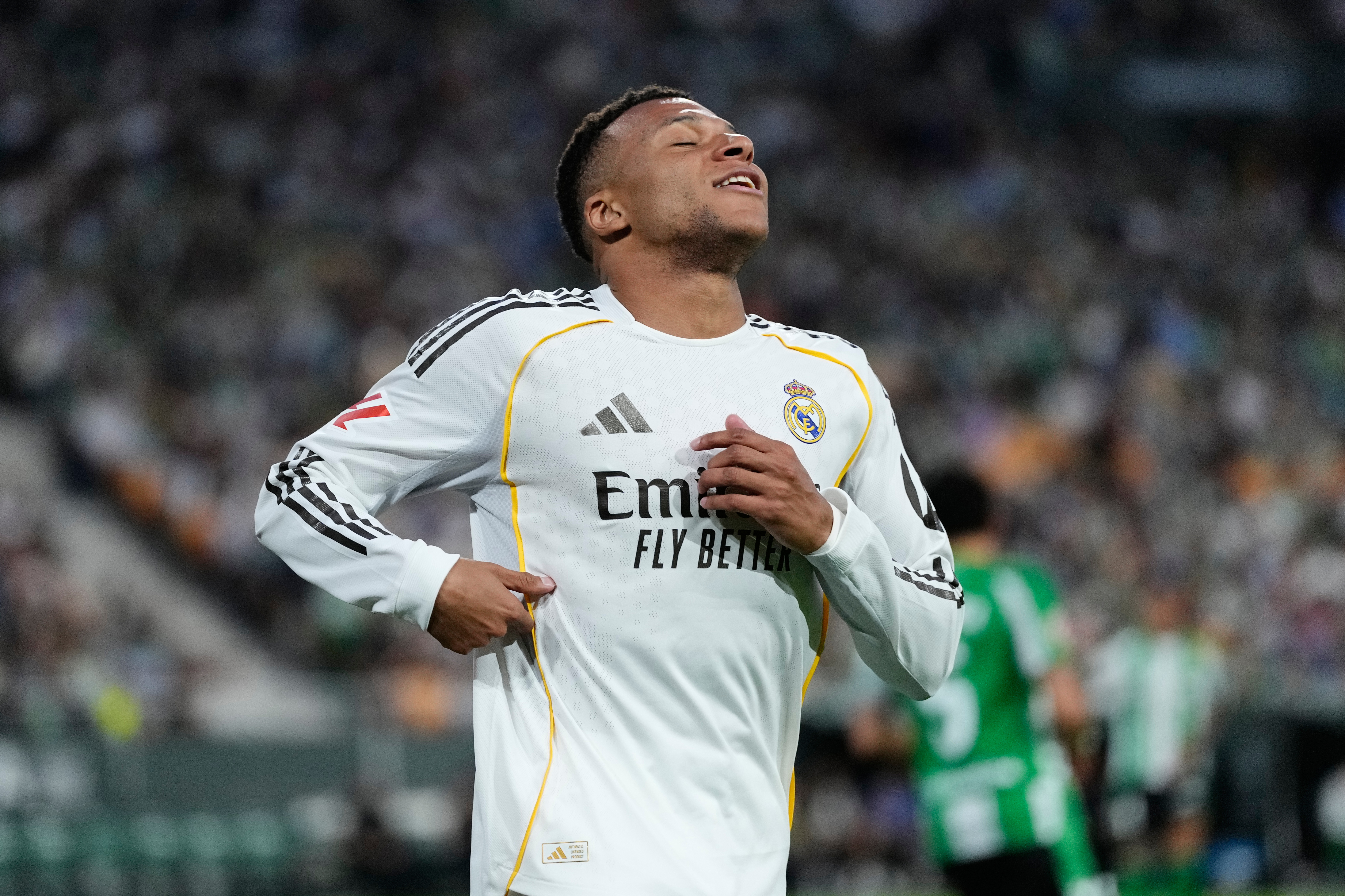 Real Madrid's Kylian Mbappe reacts during a La Liga soccer match between Real Betis and Real Madrid in Seville, Spain, Friday, April 24, 2026. 