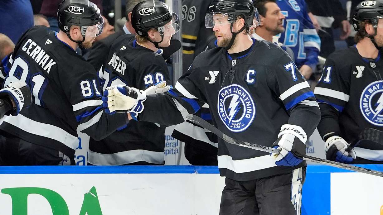 FILE - Tampa Bay Lightning defenseman Victor Hedman, front, celebrates with the bench after scoring against the Buffalo Sabres during the third period of an NHL hockey game Saturday, Feb. 28, 2026, in Tampa, Fla.