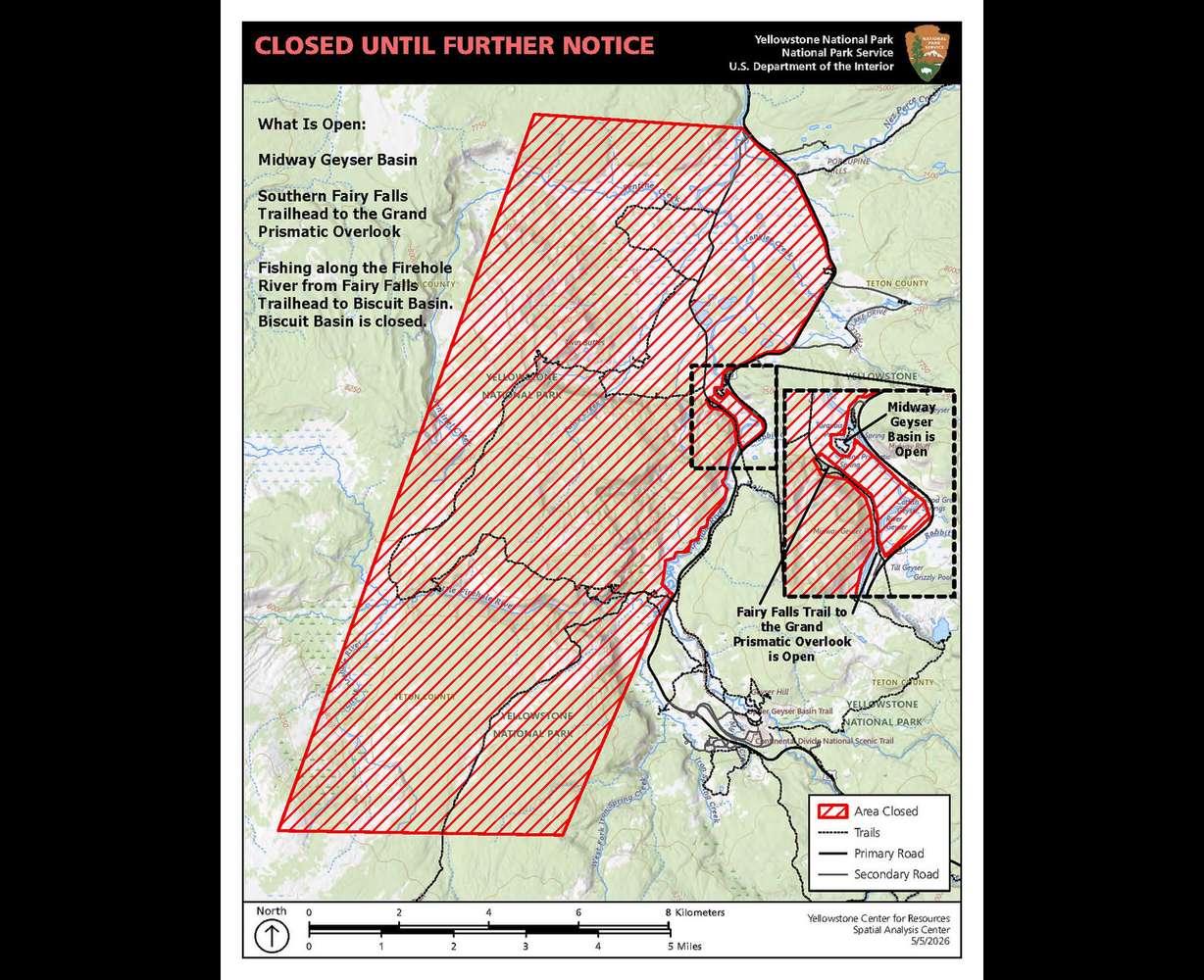 A map of the Yellowstone National Park closure area after a bear attack on Monday. The area remains closed until further notice, park rangers said on Tuesday.