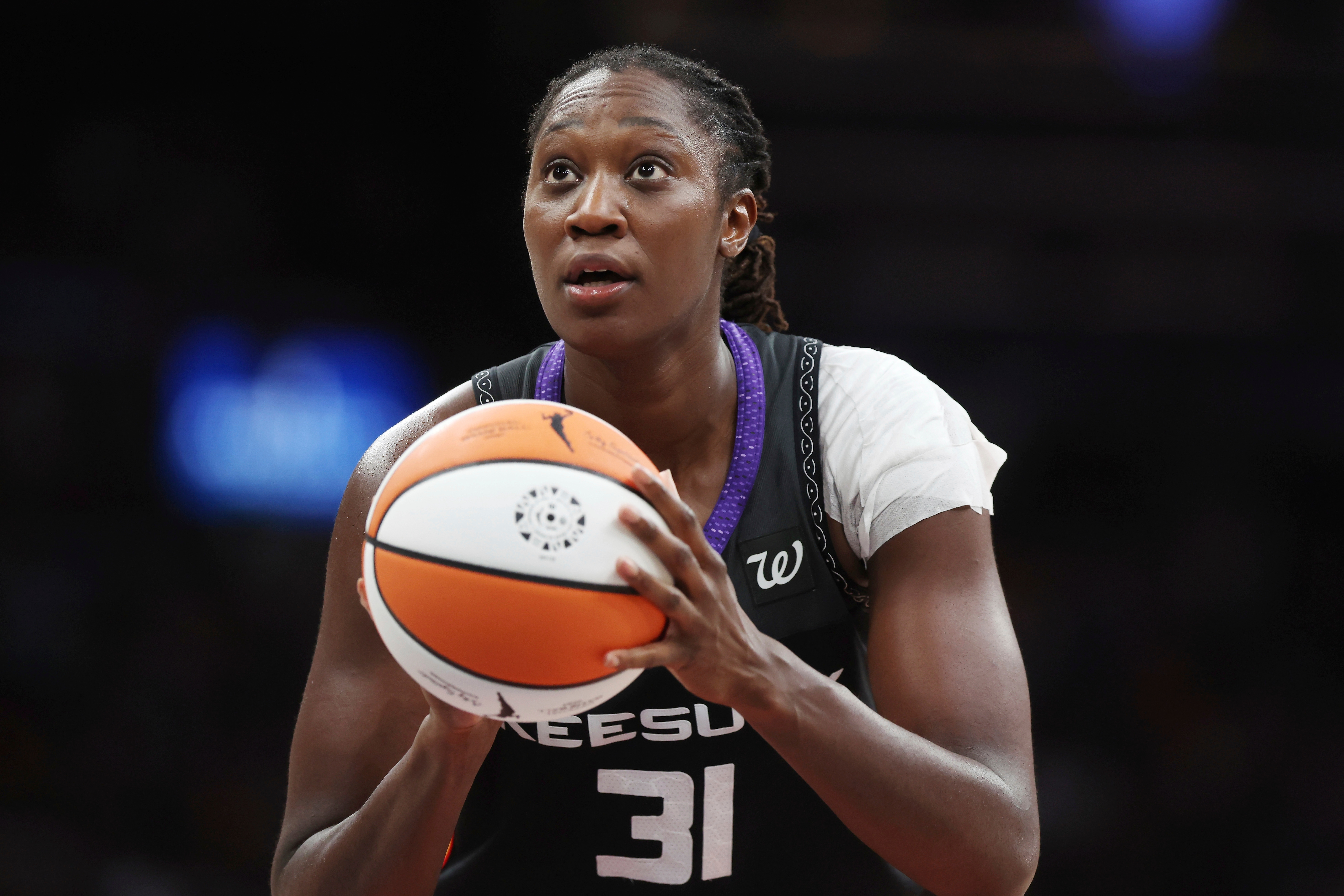 Connecticut Sun's Tina Charles plays against the Indiana Fever during the second half of a WNBA basketball game, July 15, 2025, in Boston.