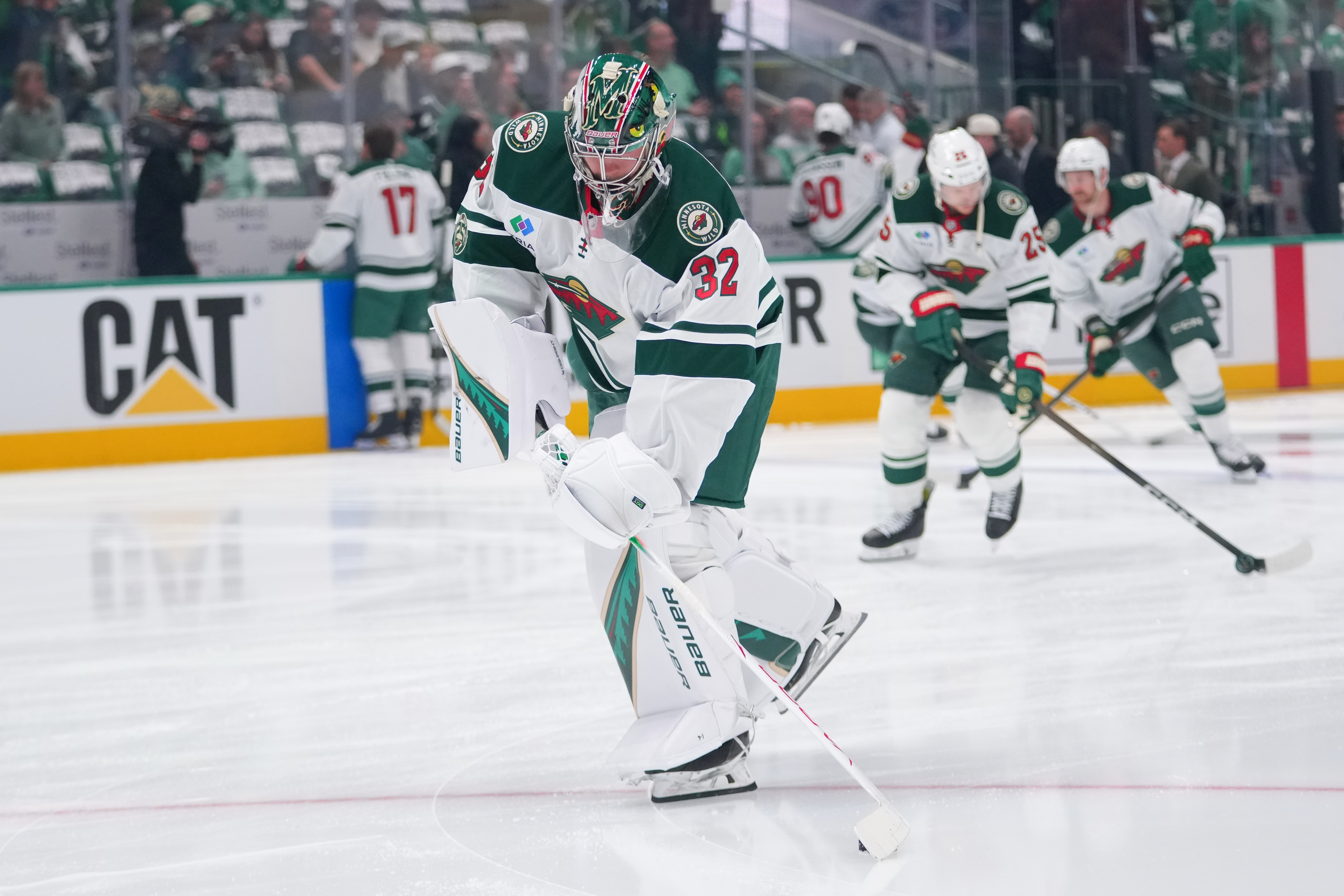 Minnesota Wild goaltender Filip Gustavsson works out ahead of Game 1 of a first-round NHL Stanley Cup playoffs hockey series against the Dallas Stars, Saturday, April 18, 2026, in Dallas. 