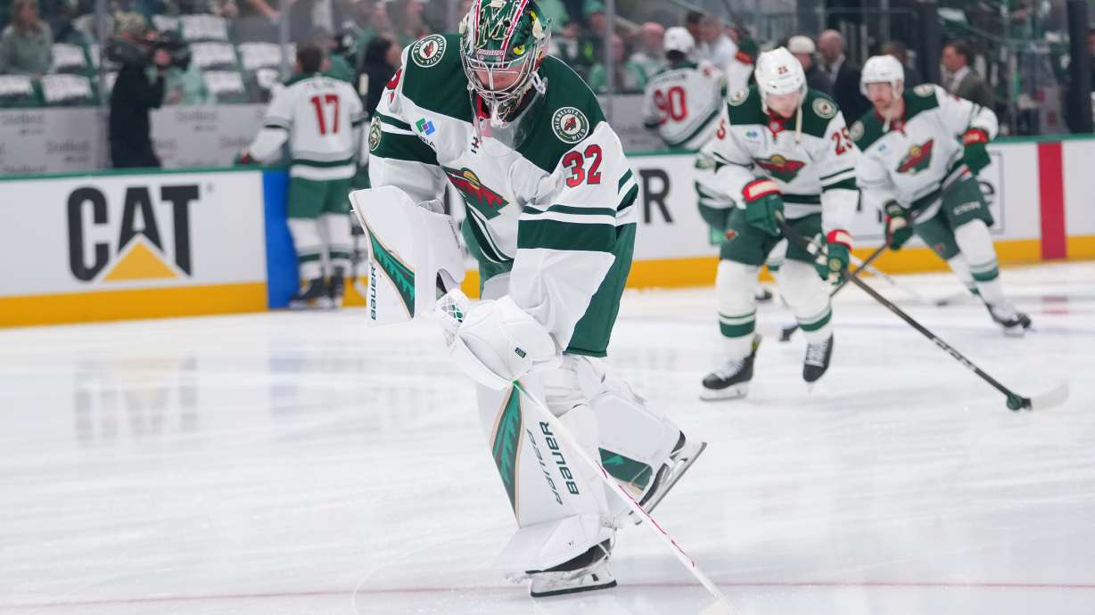 Minnesota Wild goaltender Filip Gustavsson works out ahead of Game 1 of a first-round NHL Stanley Cup playoffs hockey series against the Dallas Stars, Saturday, April 18, 2026, in Dallas.