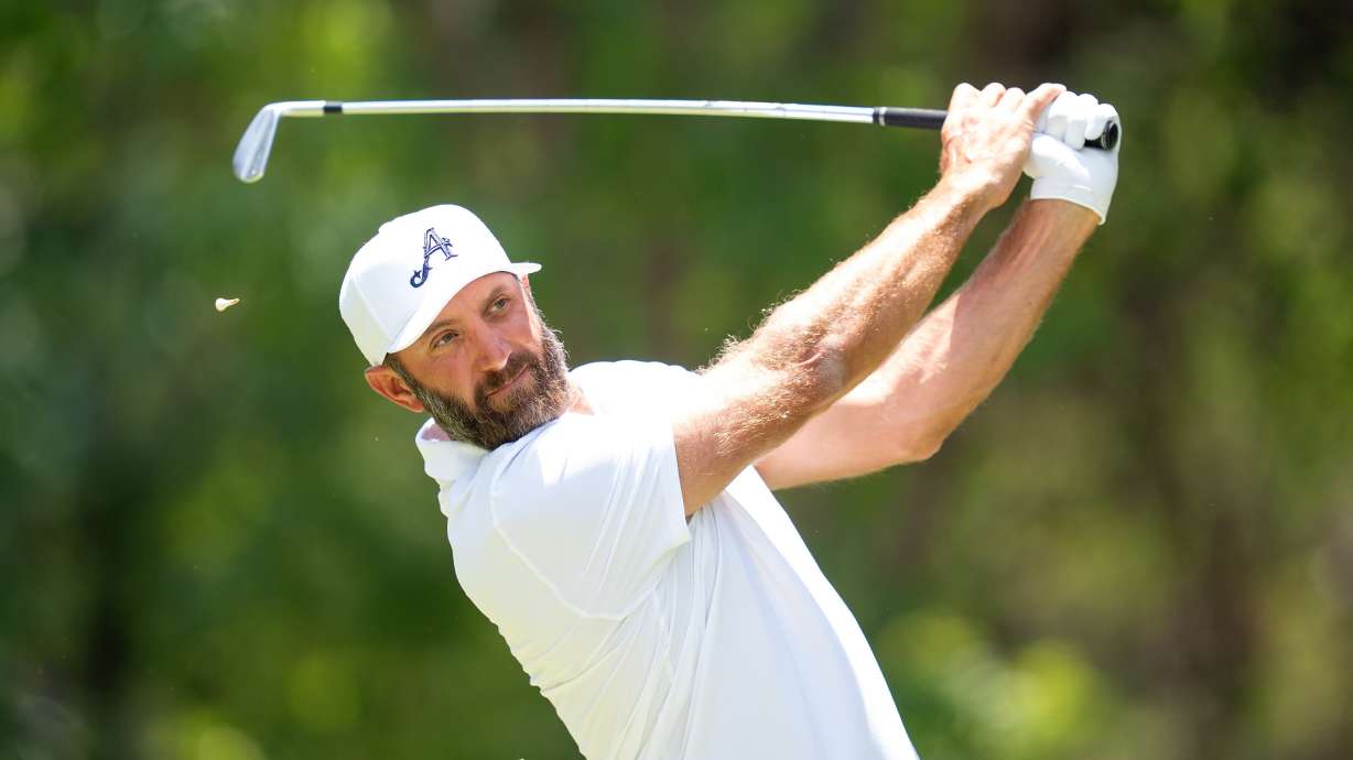 4Aces GC captain Dustin Johnson of hits his shot from the eighth tee during the third round of LIV Golf Mexico City tournament, Saturday, April 18, 2026 in Naucalpan, Mexico.