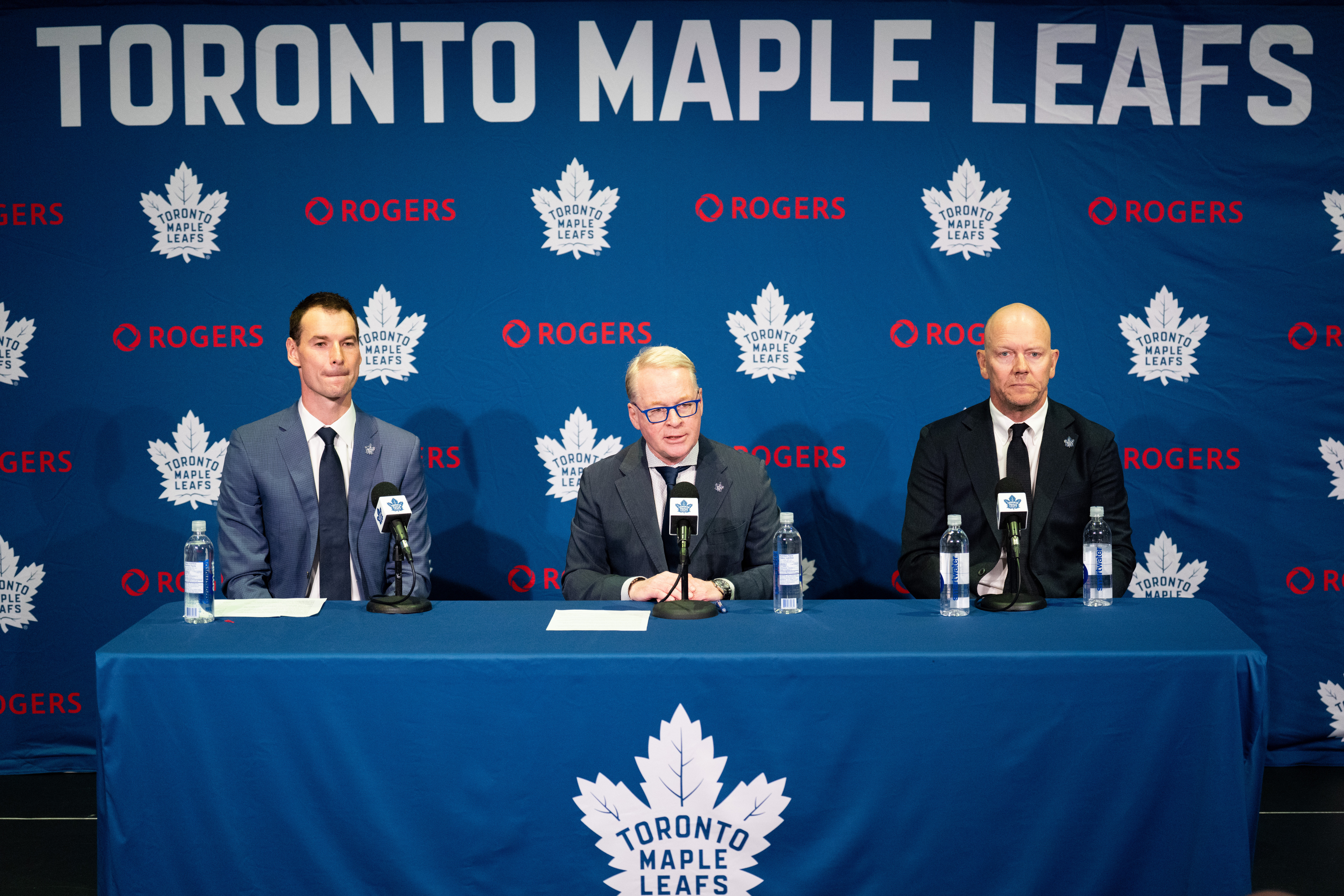 New Toronto Maple Leafs General Manager John Chayka, left to right, MLSE President and CEO Keith Pelley, and new Toronto Maple Leafs Senior Executive Advisor, Hockey Operations, Mats Sundin, hold a press conference in Toronto on Monday, May 4, 2026. 