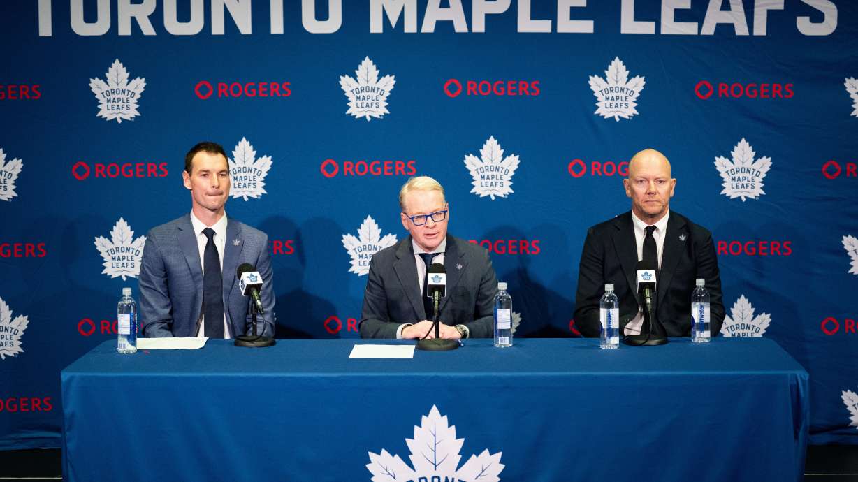 New Toronto Maple Leafs General Manager John Chayka, left to right, MLSE President and CEO Keith Pelley, and new Toronto Maple Leafs Senior Executive Advisor, Hockey Operations, Mats Sundin, hold a press conference in Toronto on Monday, May 4, 2026.