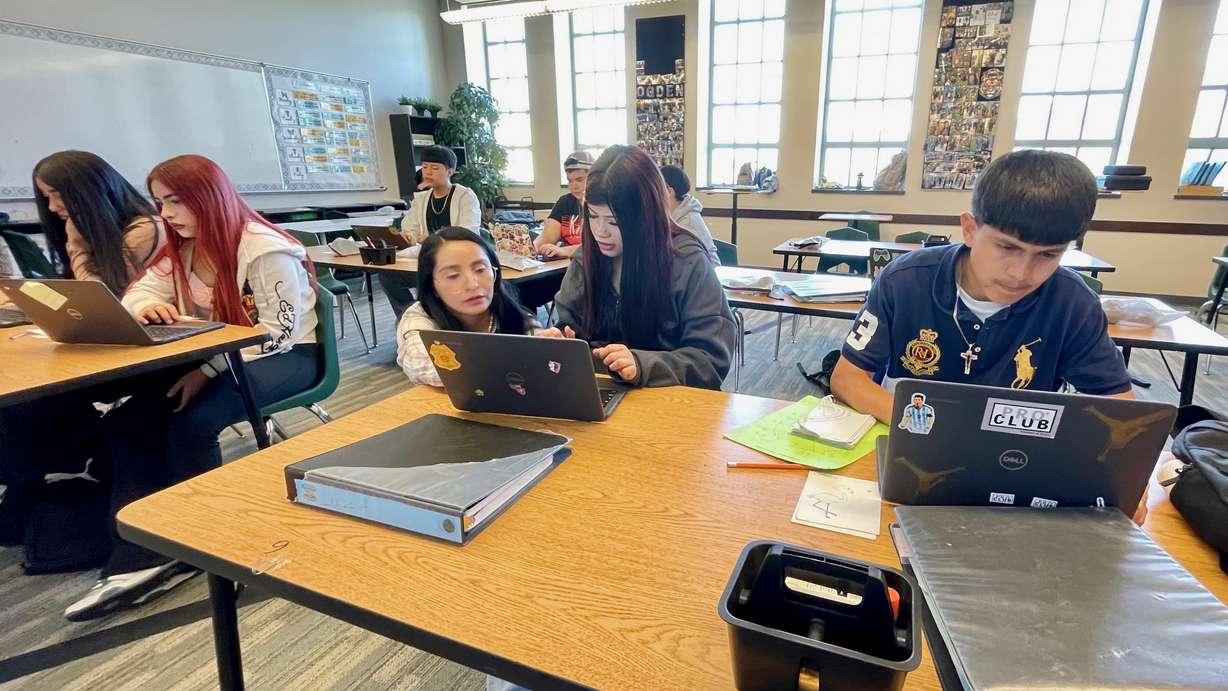 Numerous Utah high schools, including Ogden High in Ogden, were recognized for their efforts to prepare English-language learners for advanced classes. The April 30 photo shows a class of English-language learners at the school.