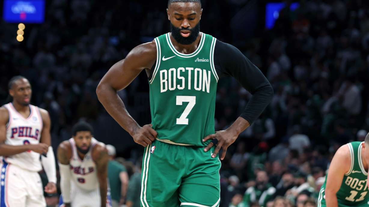 Boston Celtics' Jaylen Brown is pictured during the final minutes of Game 7 in a first-round NBA basketball playoffs series, Saturday, May 2, 2026 in Boston.