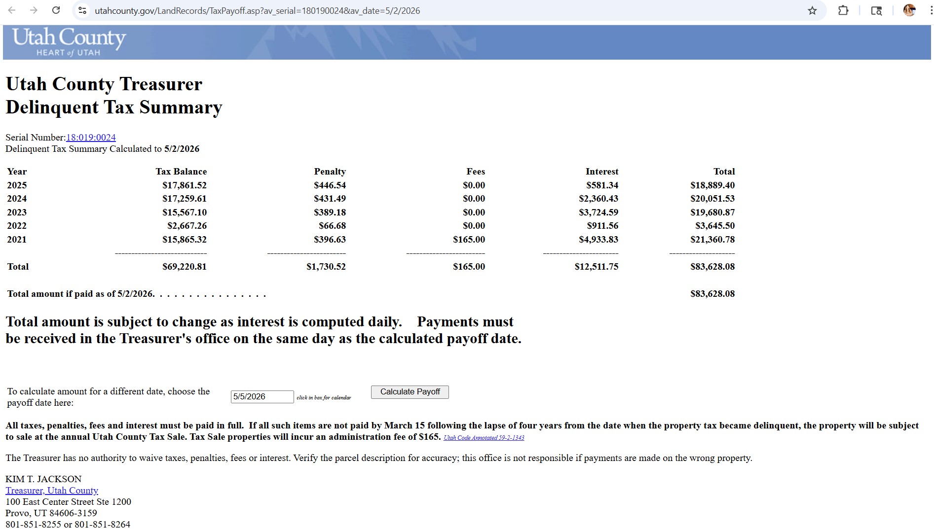 A summary of delinquent taxes owed by Vineyard, Tuesday. The original amount owed by the city was over $80,000.