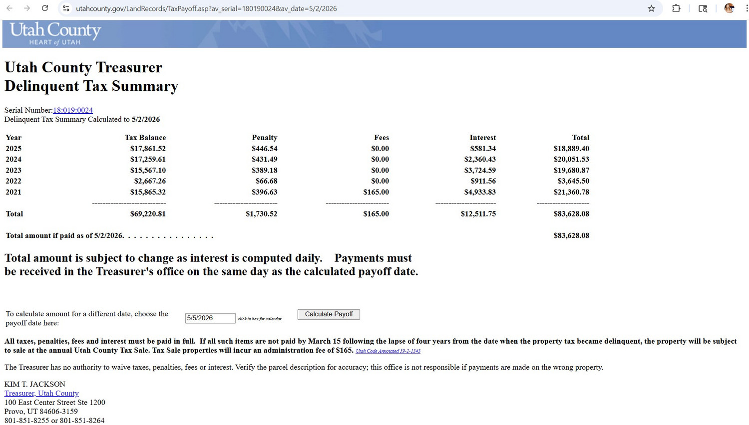 A summary of delinquent taxes owed by Vineyard, Tuesday. The original amount owed by the city was over $80,000.