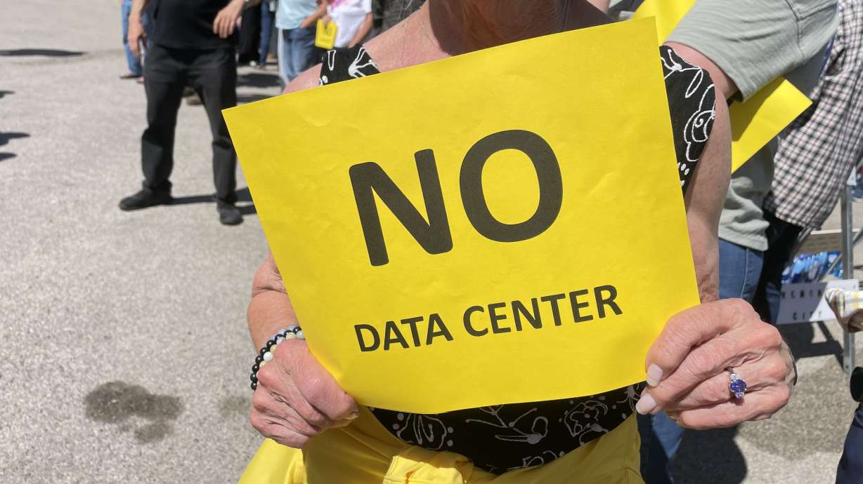 A protest on Monday at the county fairgrounds complex in Tremonton, when Box Elder County commissioners gave the controversial data center project a green light. Foes of the proposal are pursuing a ballot initiative to challenge it.