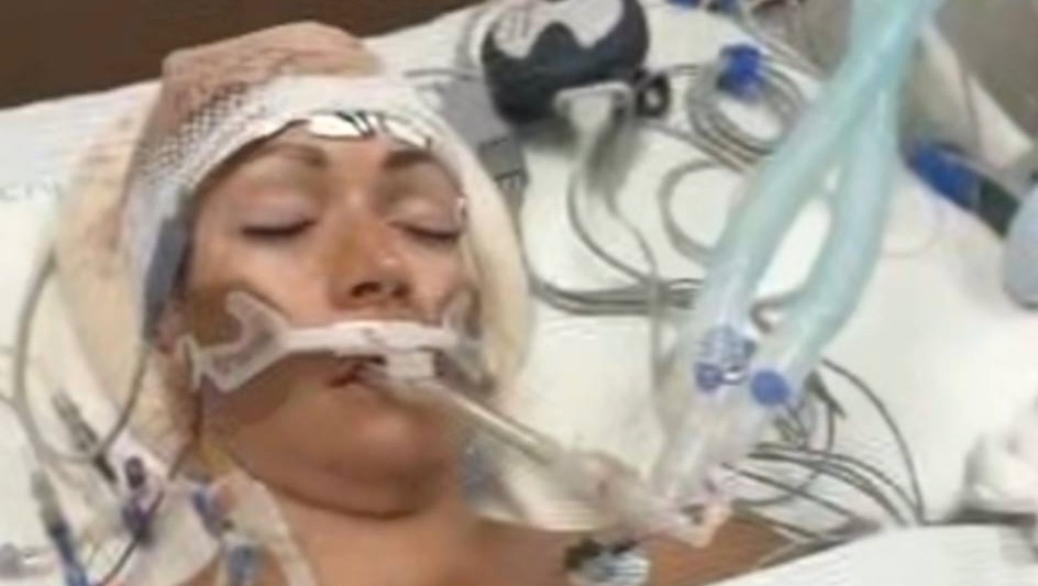 Kerrie Olsen in the hospital. Olsen suffered a traumatic brain injury requiring emergency surgery after a freak accident in a golf cart in Mexico.