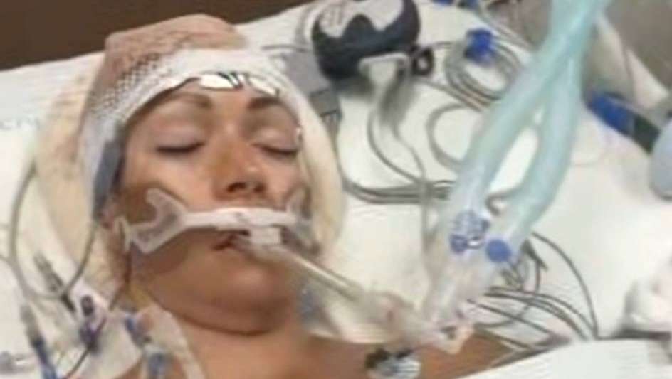 Kerrie Olsen in the hospital. Olsen suffered a traumatic brain injury requiring emergency surgery after a freak accident in a golf cart in Mexico.