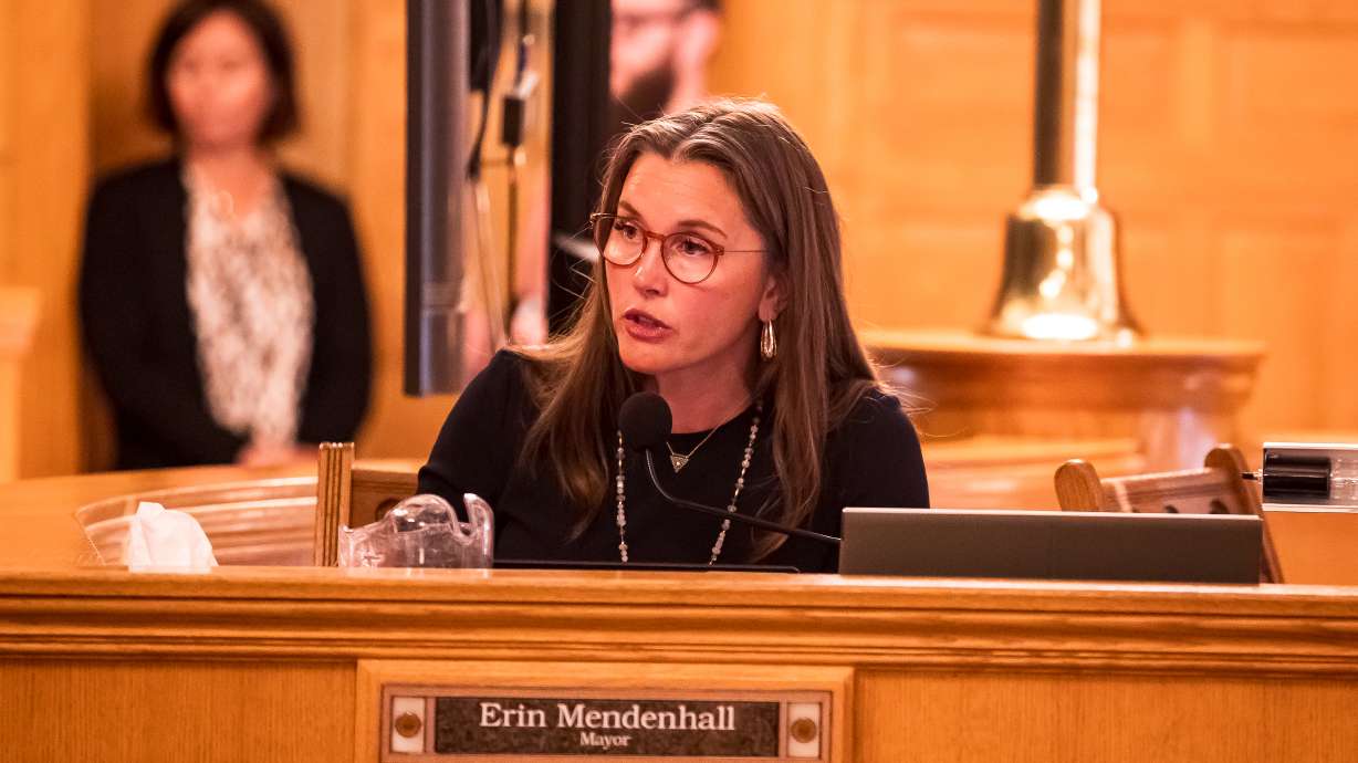 Salt Lake City Mayor Erin Mendenhall delivers her proposed 2027 fiscal year budget to the Salt Lake City Council at the Salt Lake City-County Building on Tuesday. The mayor unveiled a nearly $500 million budget, including a potential 12.5% tax increase.