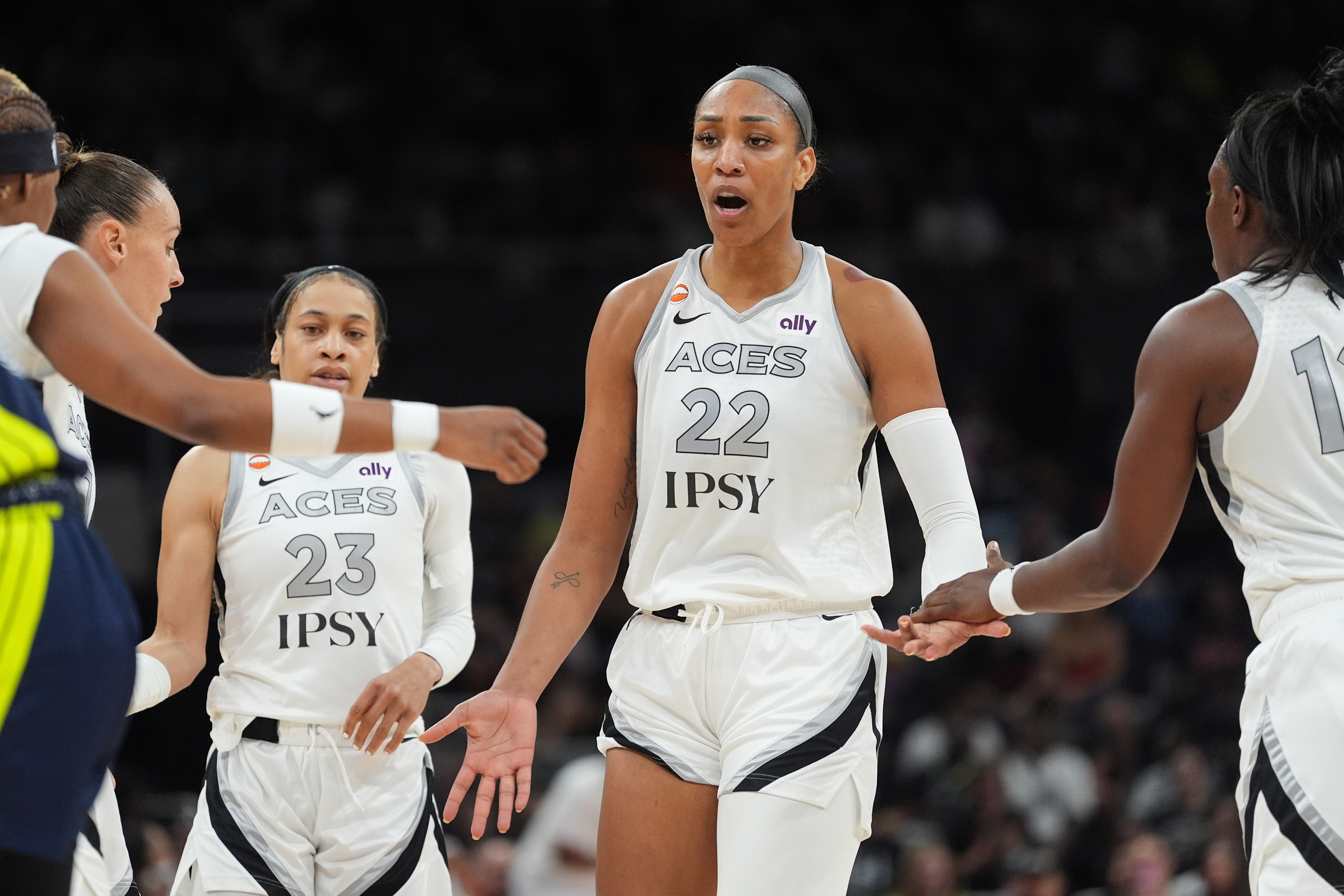 Las Vegas Aces center A'ja Wilson (22) celebrates a play with teammates during the first half of a WNBA preseason basketball game against the Dallas Wings in Austin, Texas, Sunday, May 3, 2026. 