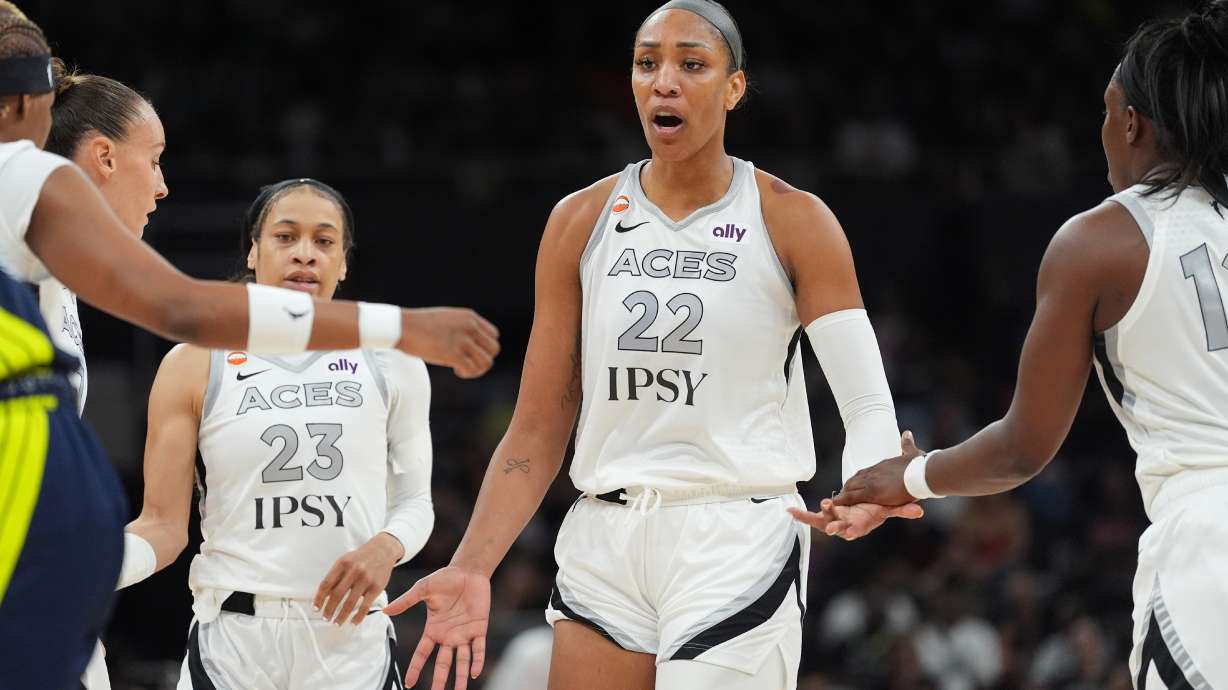 Las Vegas Aces center A'ja Wilson (22) celebrates a play with teammates during the first half of a WNBA preseason basketball game against the Dallas Wings in Austin, Texas, Sunday, May 3, 2026.