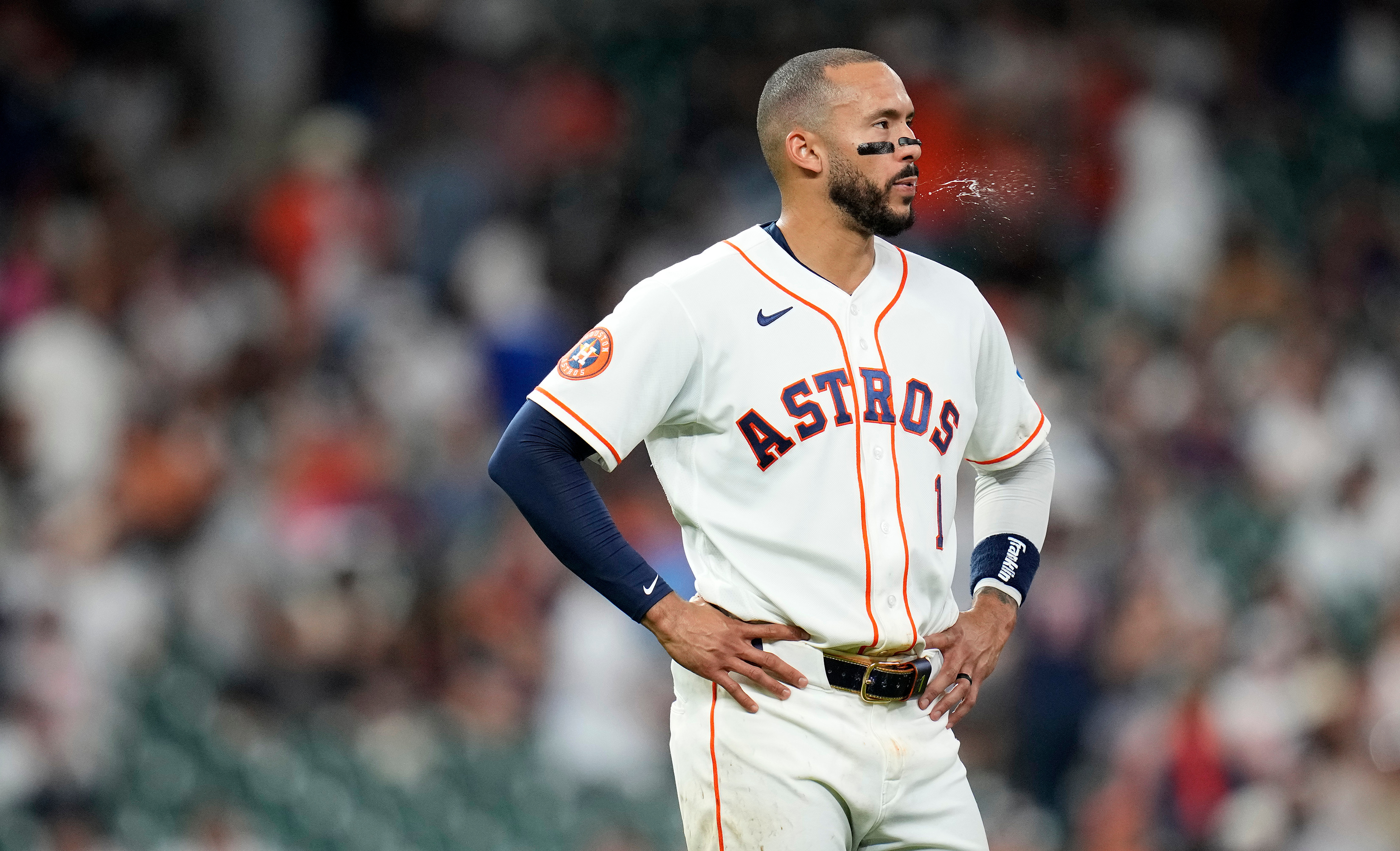Houston Astros' Carlos Correa (1) reacts after the eighth inning of a baseball game against the New York Yankees, Saturday, April 25, 2026, in Houston.