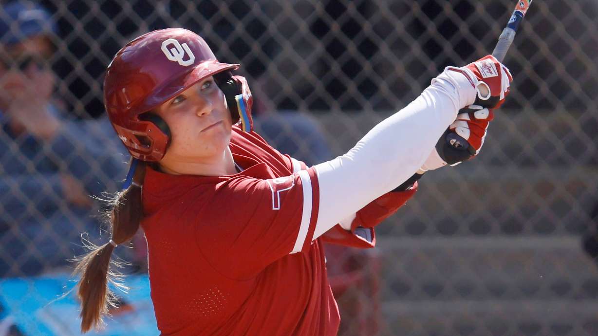 FILE - Oklahoma catcher Kendall Wells (1) during an NCAA softball game against Duke on Friday, Feb. 20, 2026, in Cathedral City, Calif.