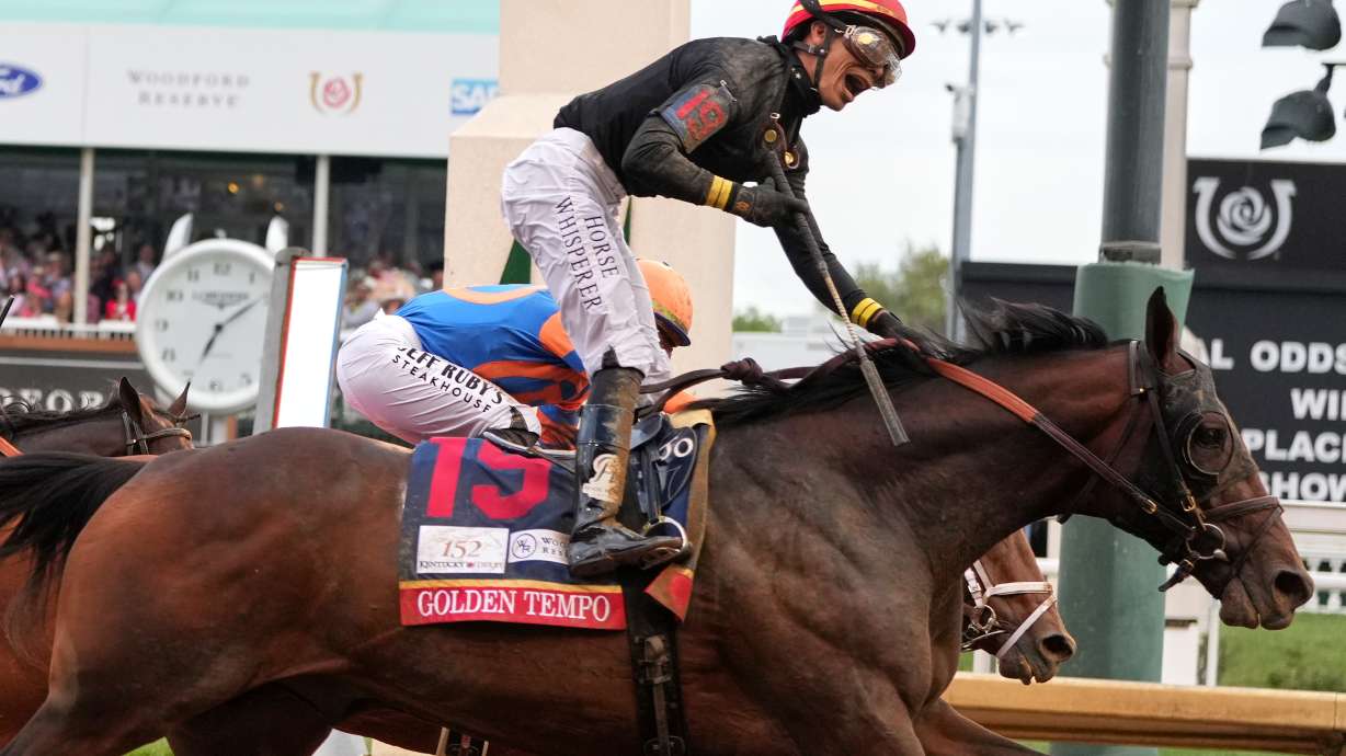 Golden Tempo (19) ridden by Jose L. Ortiz wins the 152nd running of the Kentucky Derby horse race at Churchill Downs, Saturday, May 2, 2026, in Louisville, Ky.