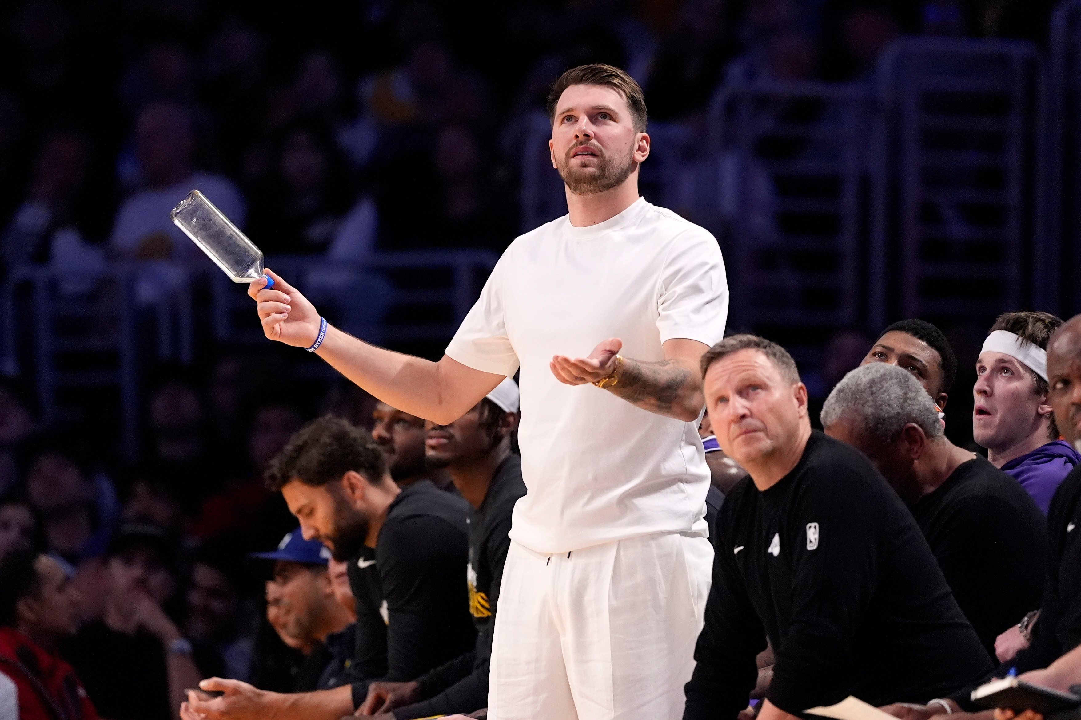 Los Angeles Lakers' Luka Doncic reacts from the bench after the Lakers were called for a foul during the second half in Game 5 of a first-round NBA playoffs basketball series against the Houston Rockets, Wednesday, April 29, 2026, in Los Angeles. 