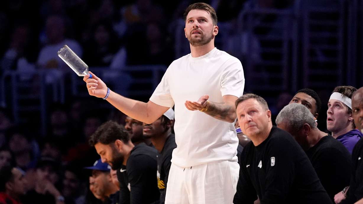 Los Angeles Lakers' Luka Doncic reacts from the bench after the Lakers were called for a foul during the second half in Game 5 of a first-round NBA playoffs basketball series against the Houston Rockets, Wednesday, April 29, 2026, in Los Angeles.