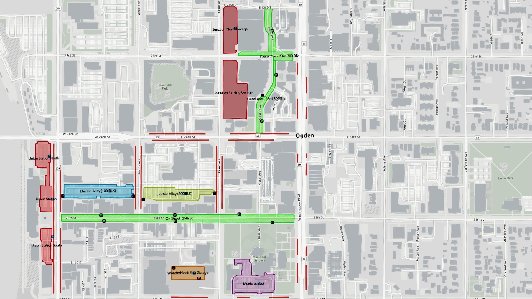 The Ogden City Council approved implementation of the first phase of paid parking in the city center, expected to go into effect on June 15. Paid parking is to be implemented in the areas in green, blue, yellow and orange.