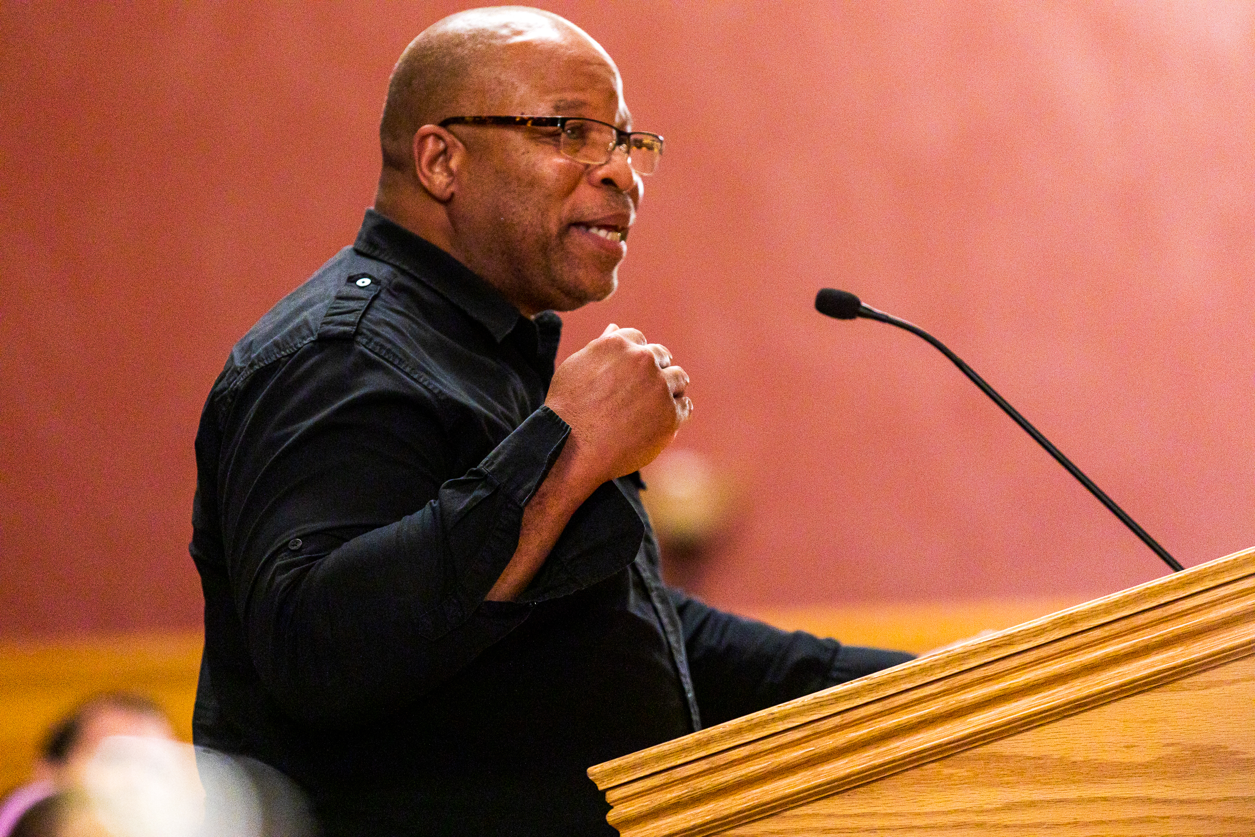 Pastor Shawn Clay, director of the Salt Lake City Mission, speaks against a proposed city ordinance that would tighten camping restrictions in the city during a public hearing in Salt Lake City on Tuesday.