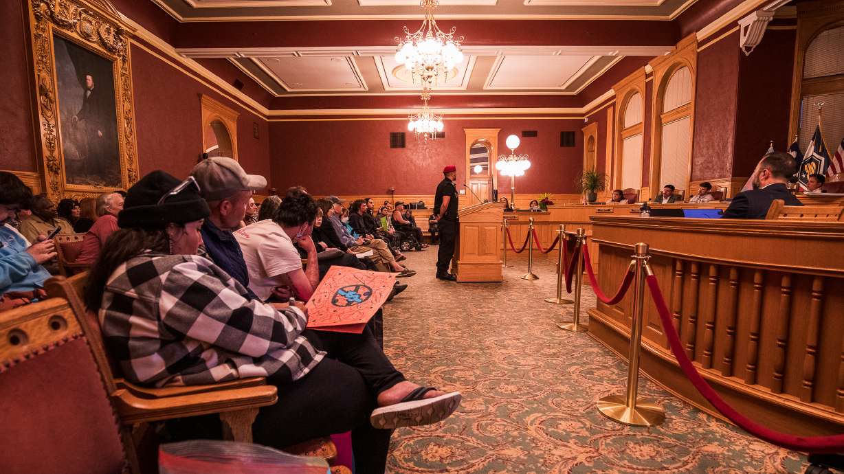 A public hearing on a proposed Salt Lake City ordinance to tighten camping restrictions is held at the Salt Lake City-County Building on Tuesday. The ordinance could be voted on later this month.