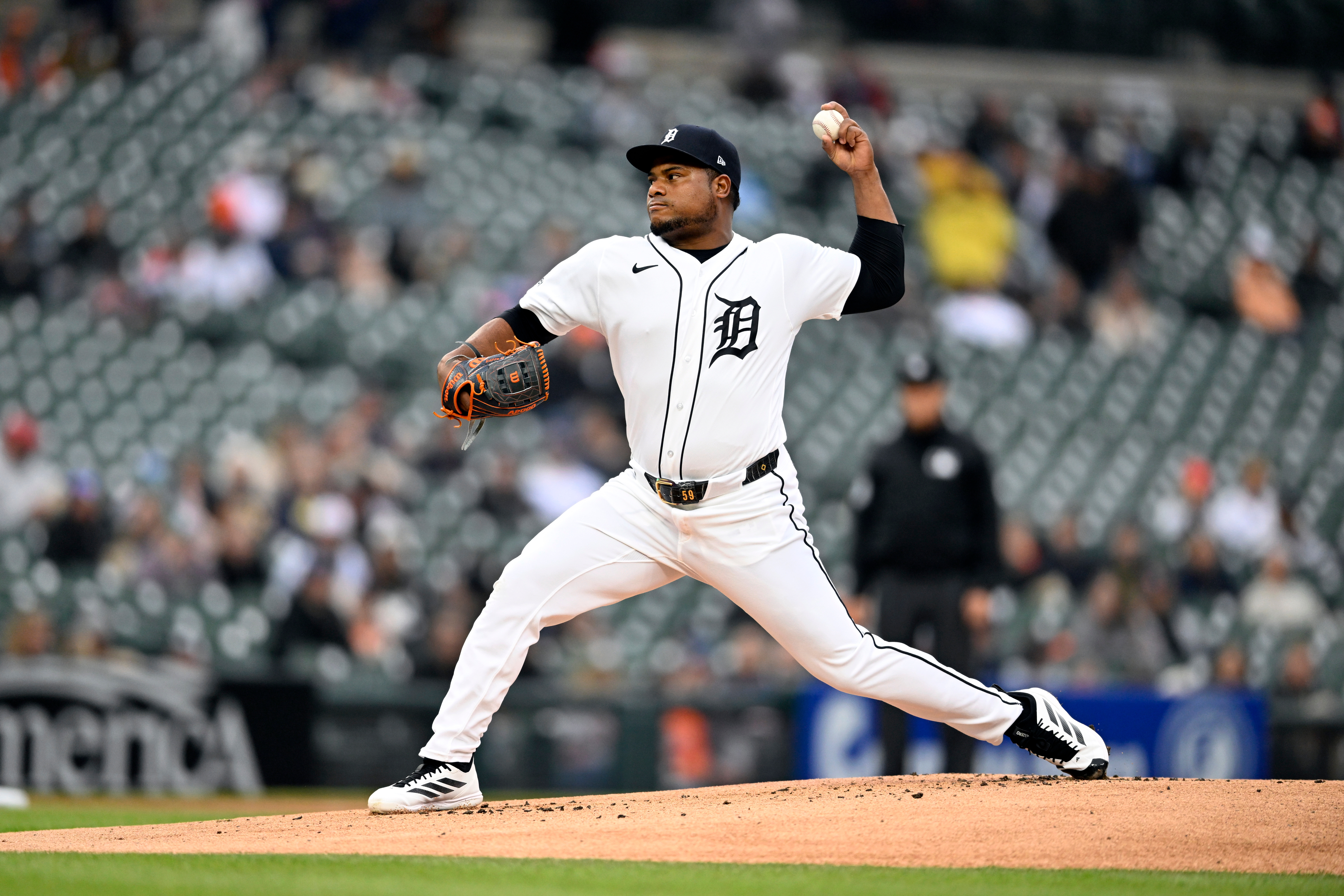 Detroit Tigers starting pitcher Framber Valdez throws during the first inning of a baseball game against the Boston Red Sox, Tuesday, May 5, 2026, in Detroit. 
